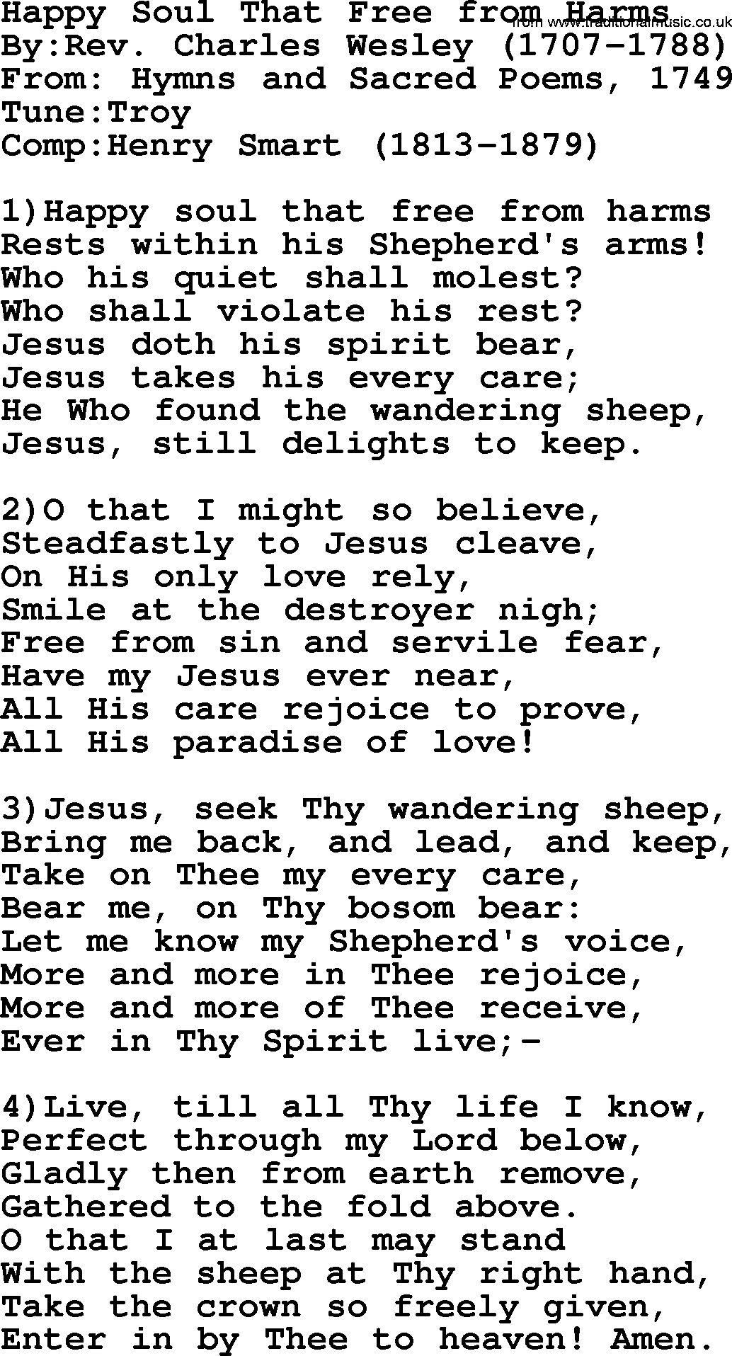Methodist Hymn: Happy Soul That Free From Harms, lyrics