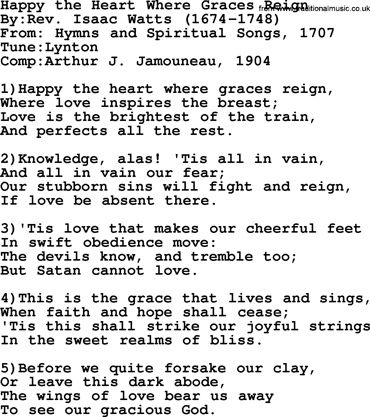 Methodist Hymn: Happy The Heart Where Graces Reign, lyrics