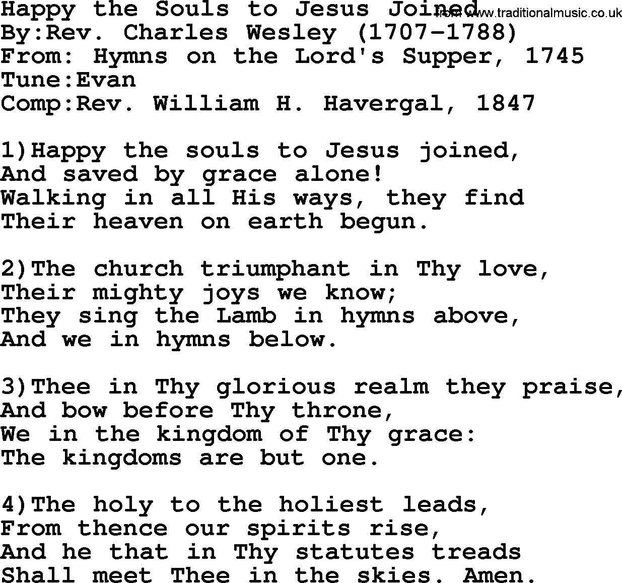 Methodist Hymn: Happy The Souls To Jesus Joined, lyrics