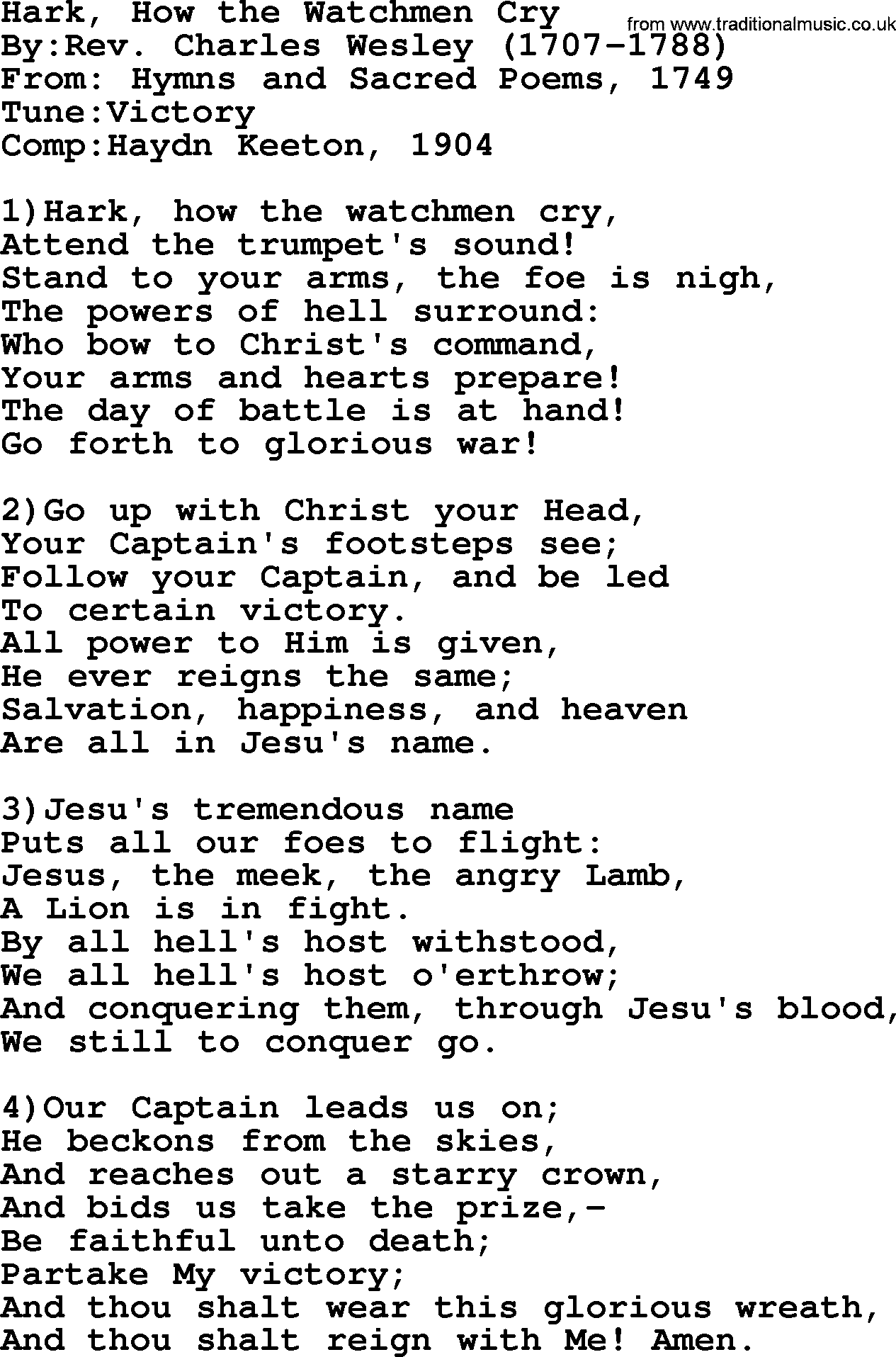 Methodist Hymn: Hark, How The Watchmen Cry, lyrics