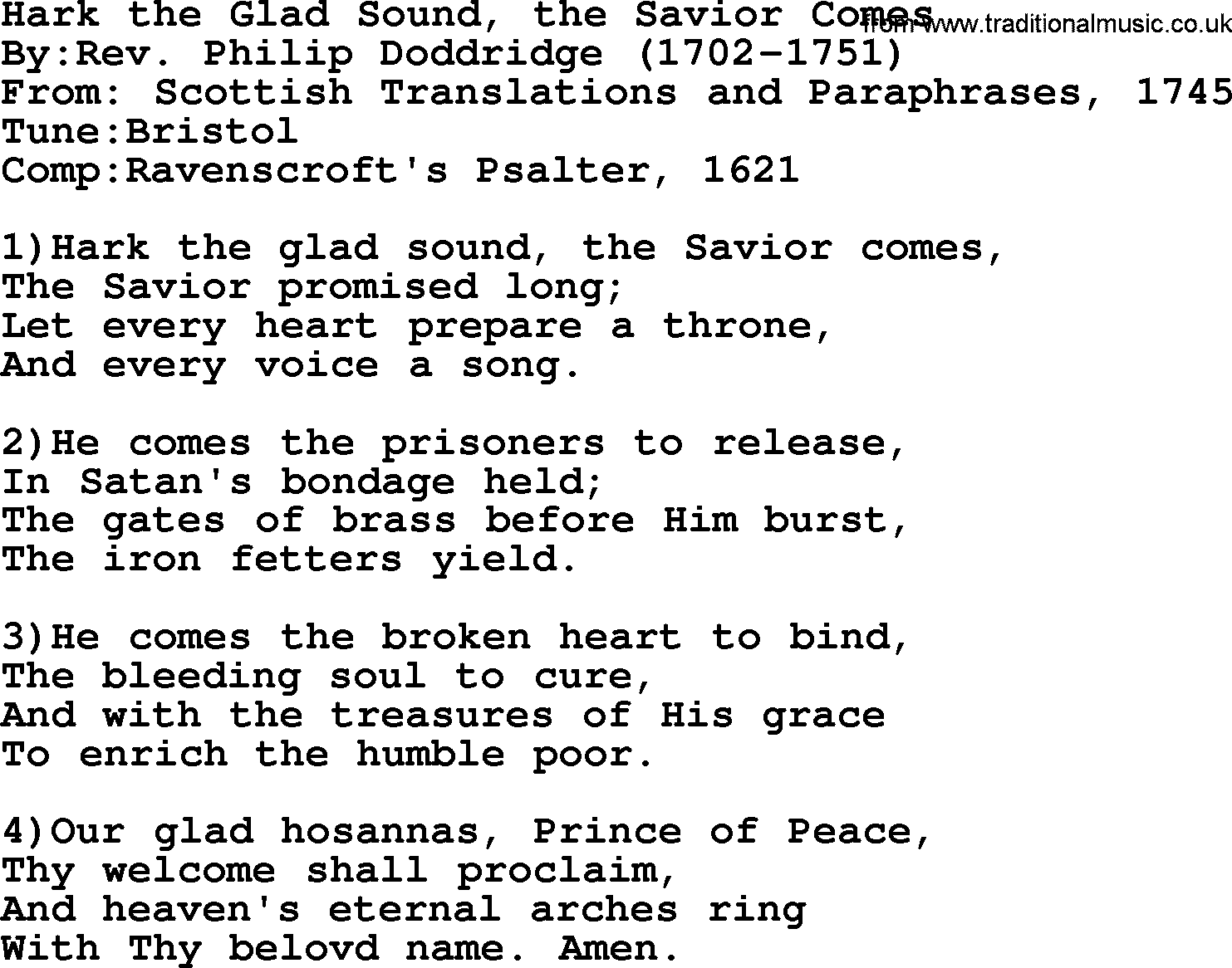 Methodist Hymn: Hark The Glad Sound, The Savior Comes, lyrics