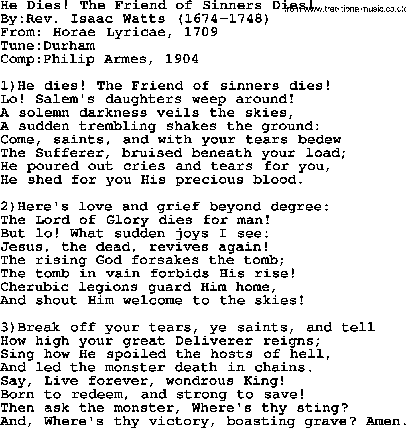 Methodist Hymn: He Dies! The Friend Of Sinners Dies!, lyrics