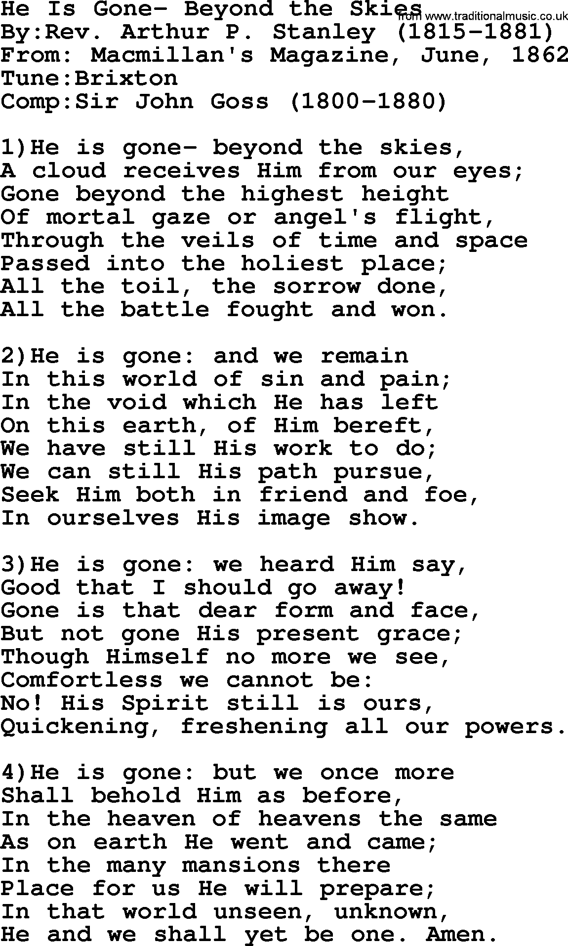 Methodist Hymn: He Is Gone- Beyond The Skies, lyrics