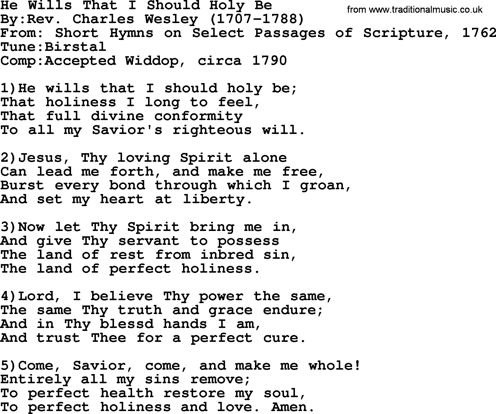 Methodist Hymn: He Wills That I Should Holy Be, lyrics