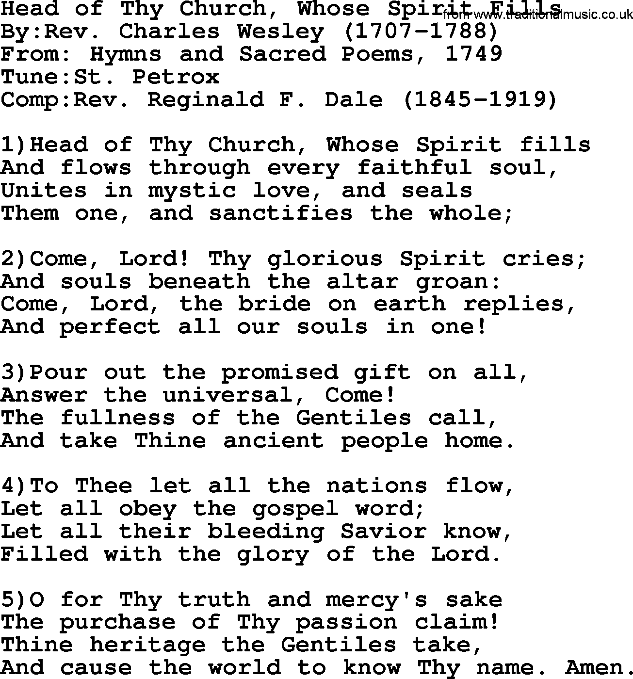 Methodist Hymn: Head Of Thy Church, Whose Spirit Fills, lyrics