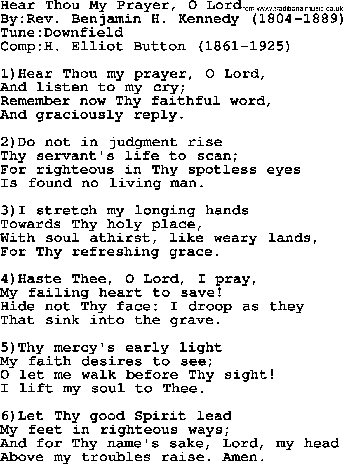 Methodist Hymn: Hear Thou My Prayer, O Lord, lyrics