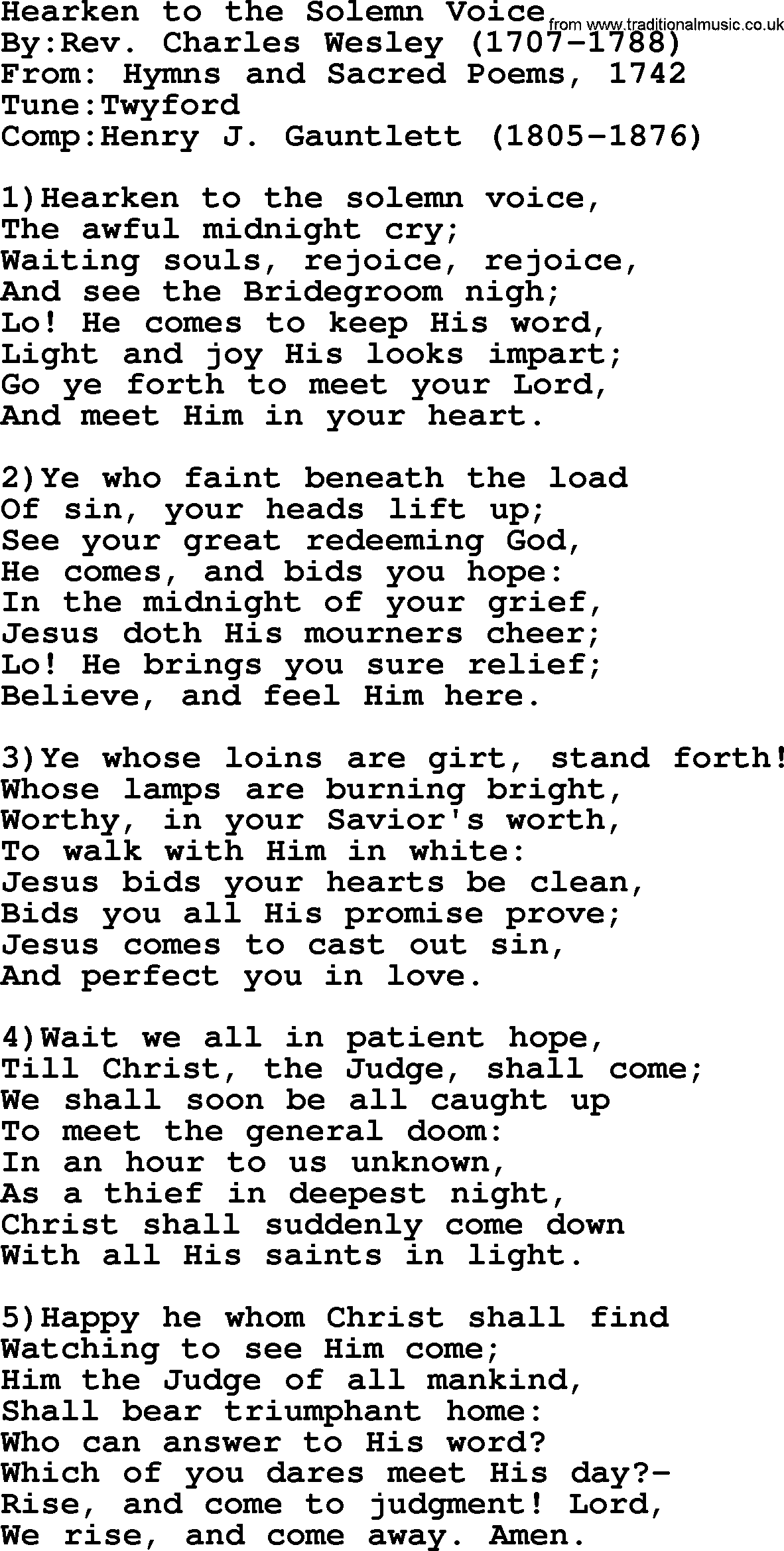 Methodist Hymn: Hearken To The Solemn Voice, lyrics