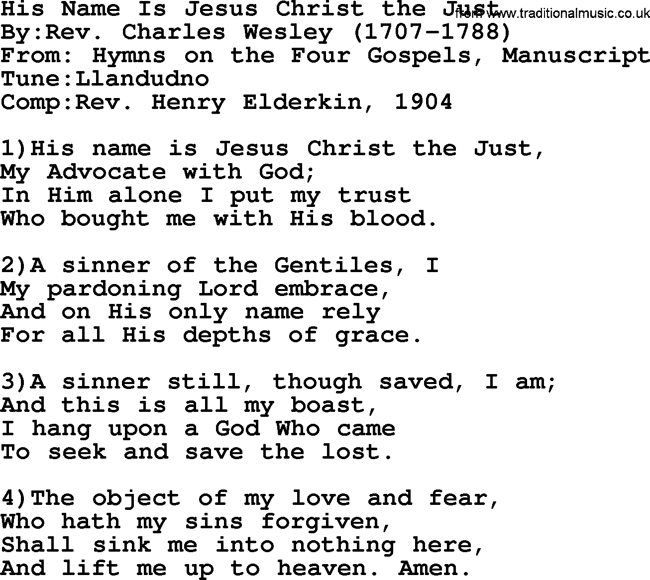 Methodist Hymn: His Name Is Jesus Christ The Just, lyrics