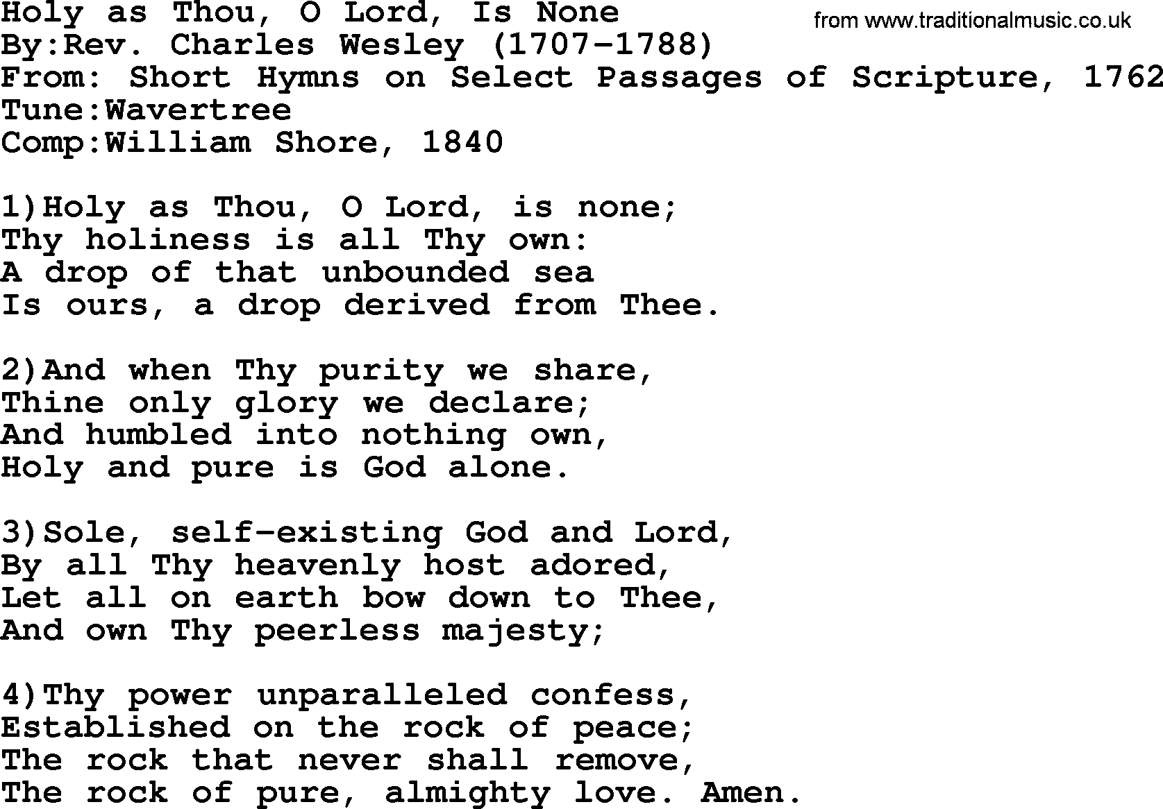 Methodist Hymn: Holy As Thou, O Lord, Is None, lyrics