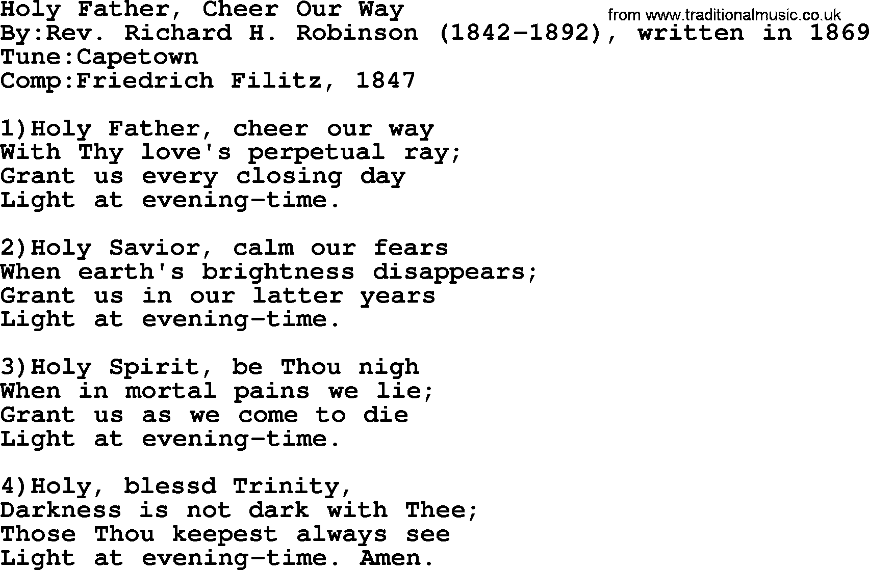 Methodist Hymn: Holy Father, Cheer Our Way, lyrics