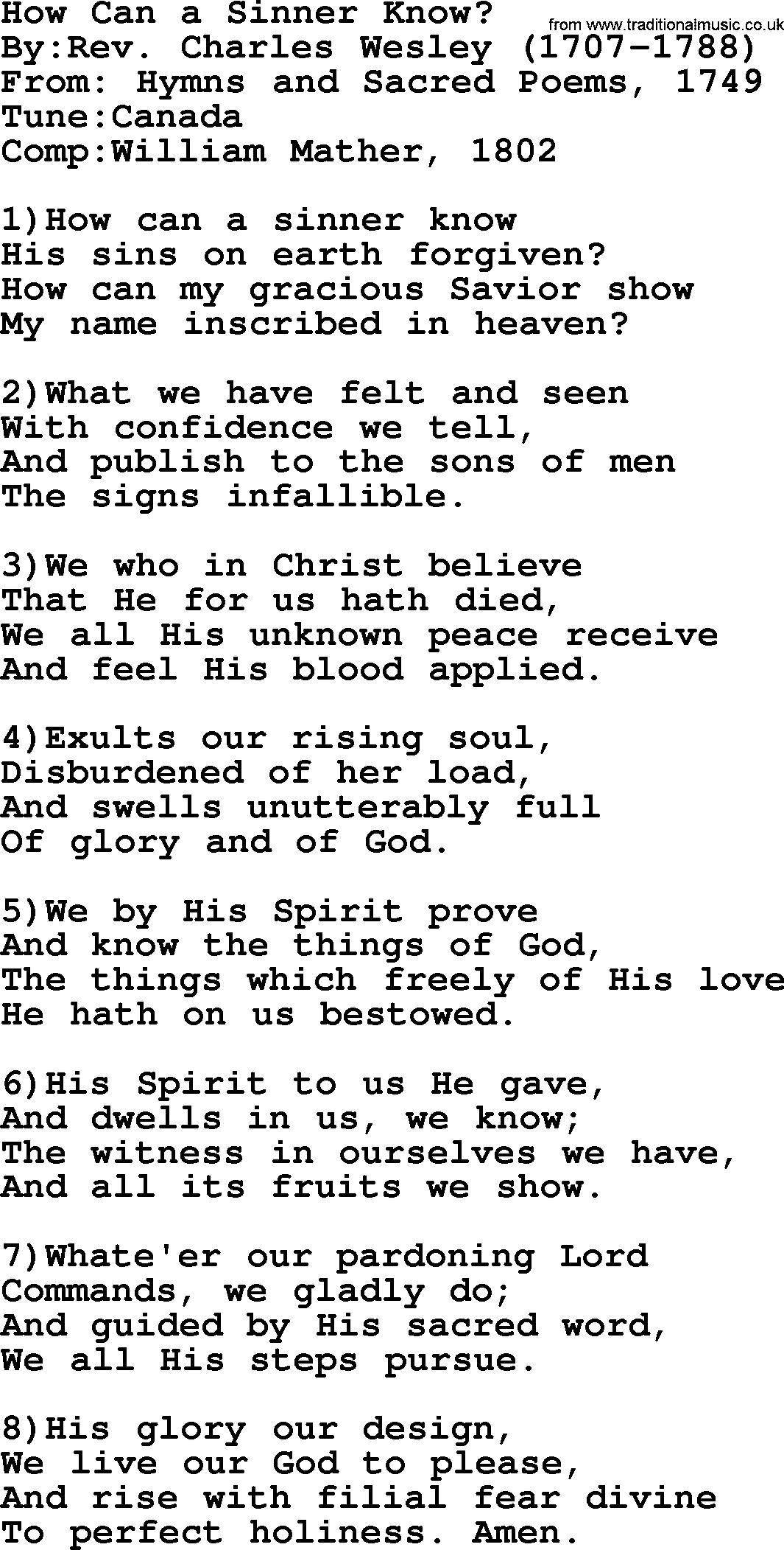 Methodist Hymn: How Can A Sinner Know, lyrics
