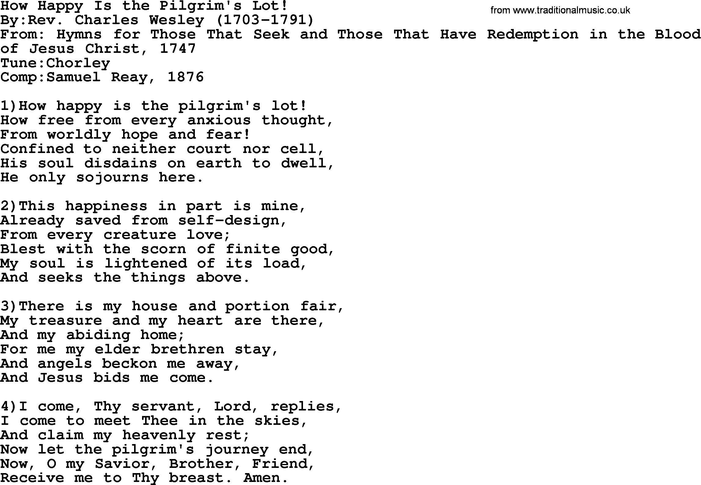 Methodist Hymn: How Happy Is The Pilgrim's Lot!, lyrics