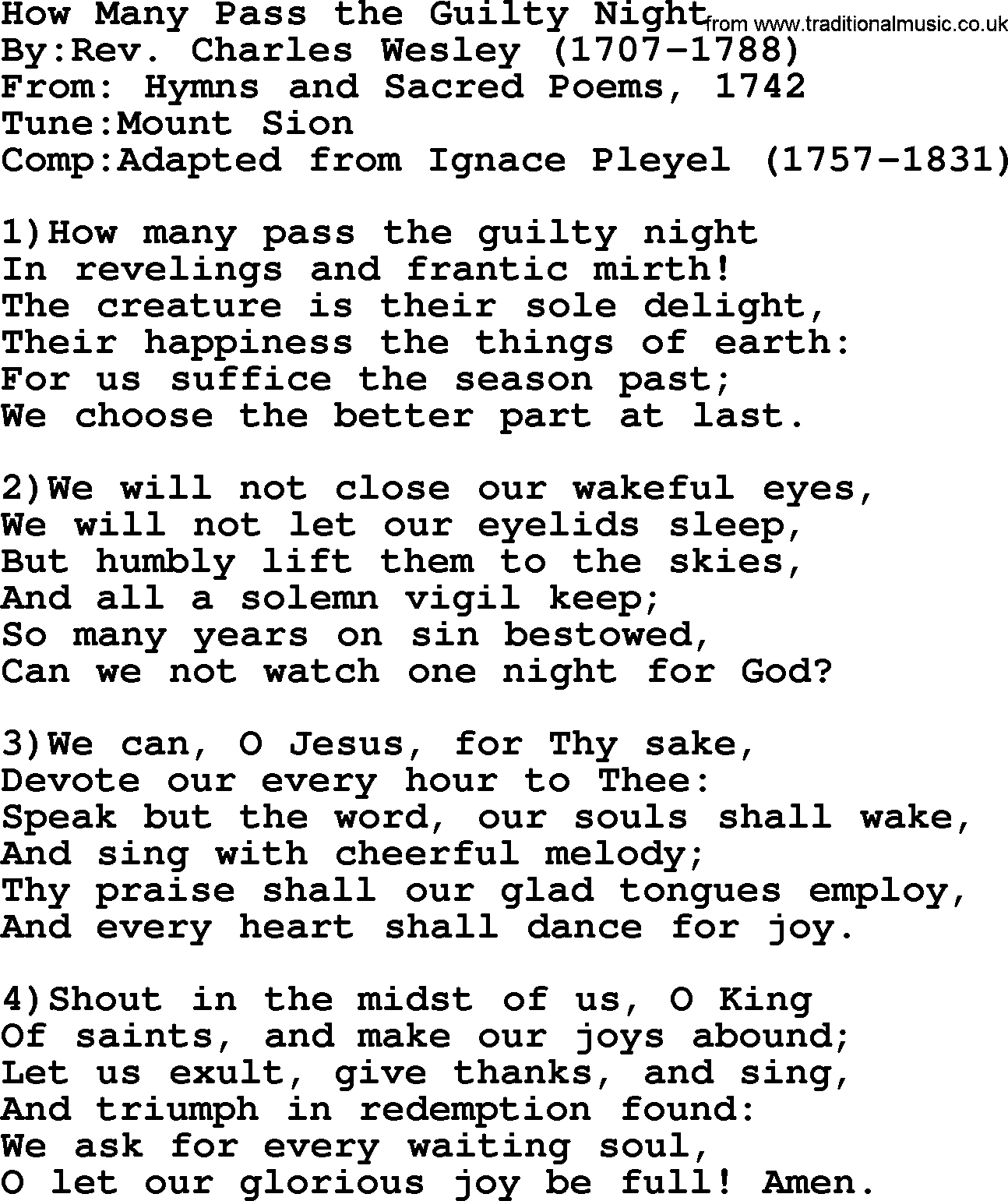 Methodist Hymn: How Many Pass The Guilty Night, lyrics