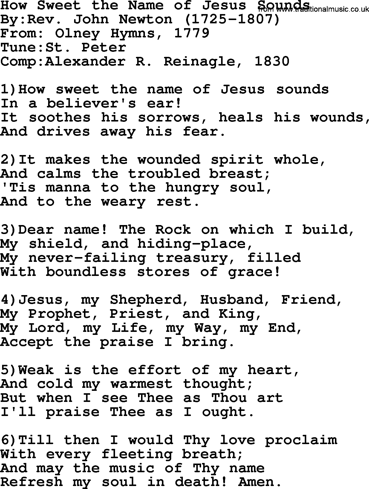 Methodist Hymn: How Sweet The Name Of Jesus Sounds, lyrics