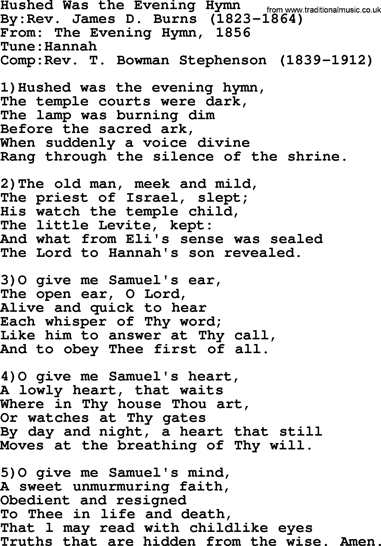 Methodist Hymn: Hushed Was The Evening Hymn, lyrics