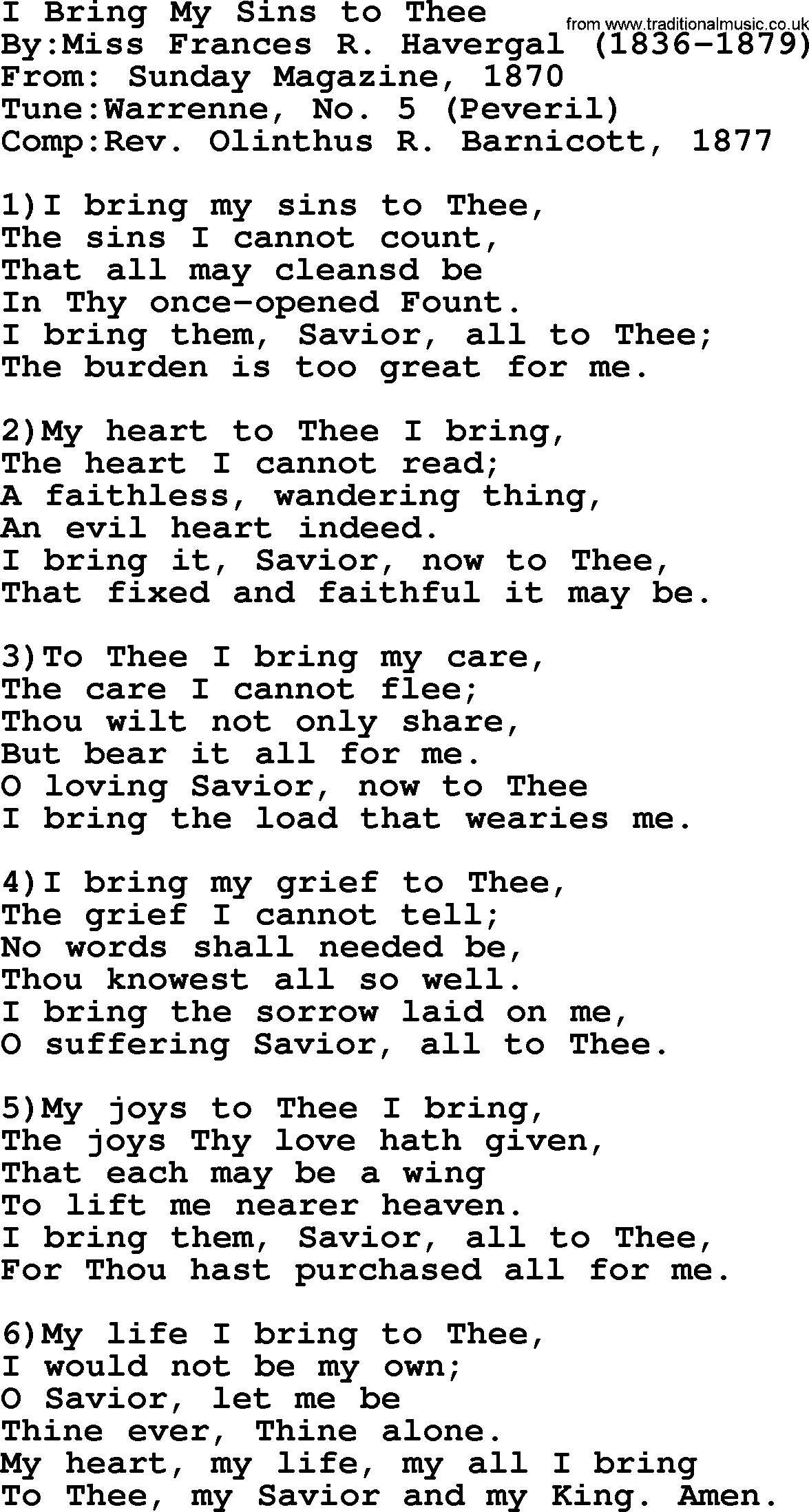 Methodist Hymn: I Bring My Sins To Thee, lyrics