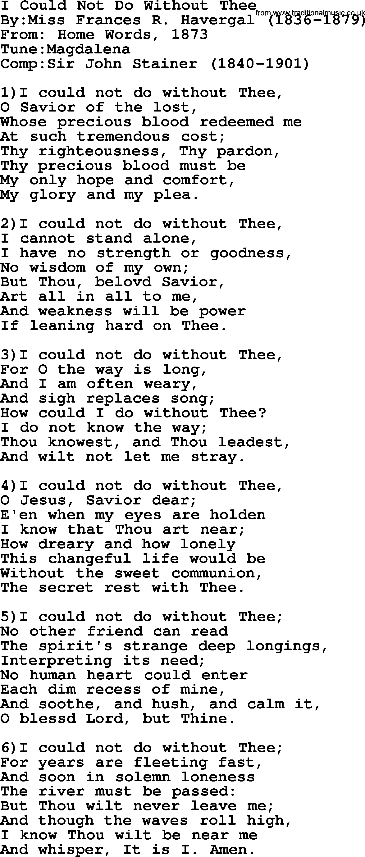Methodist Hymn: I Could Not Do Without Thee, lyrics