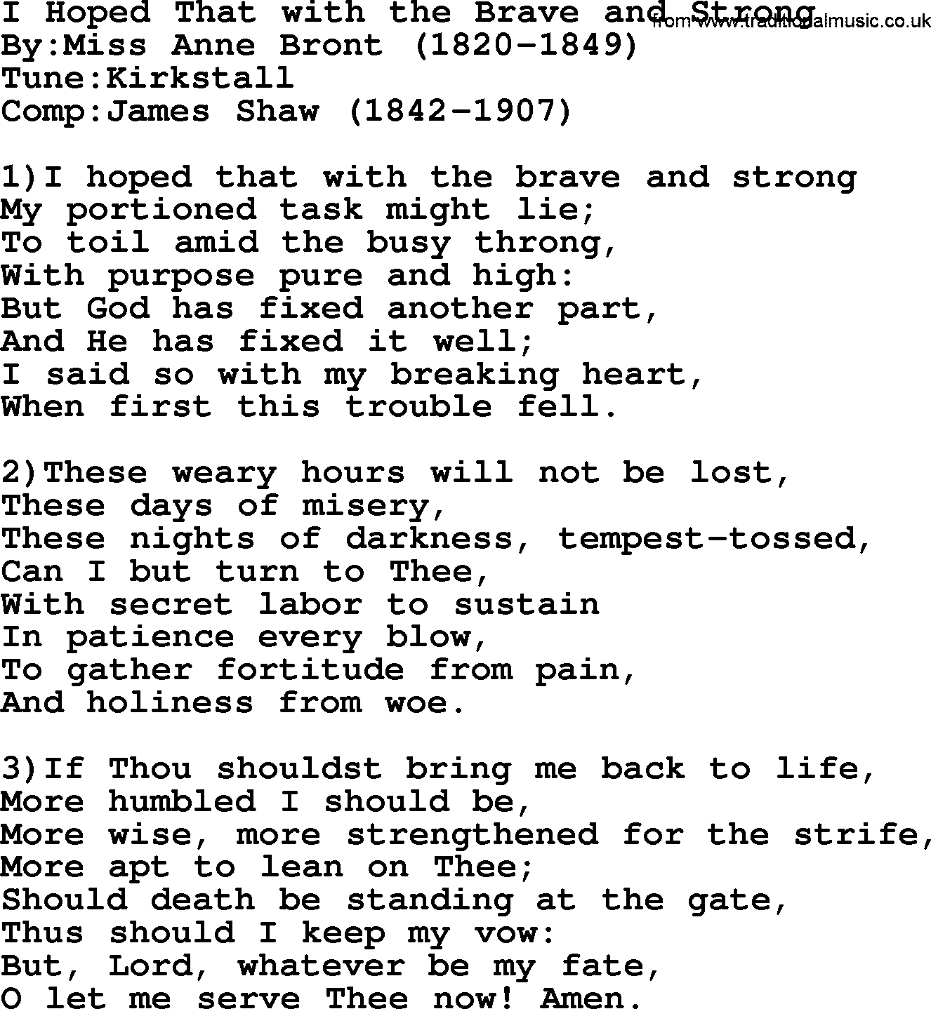 Methodist Hymn: I Hoped That With The Brave And Strong, lyrics