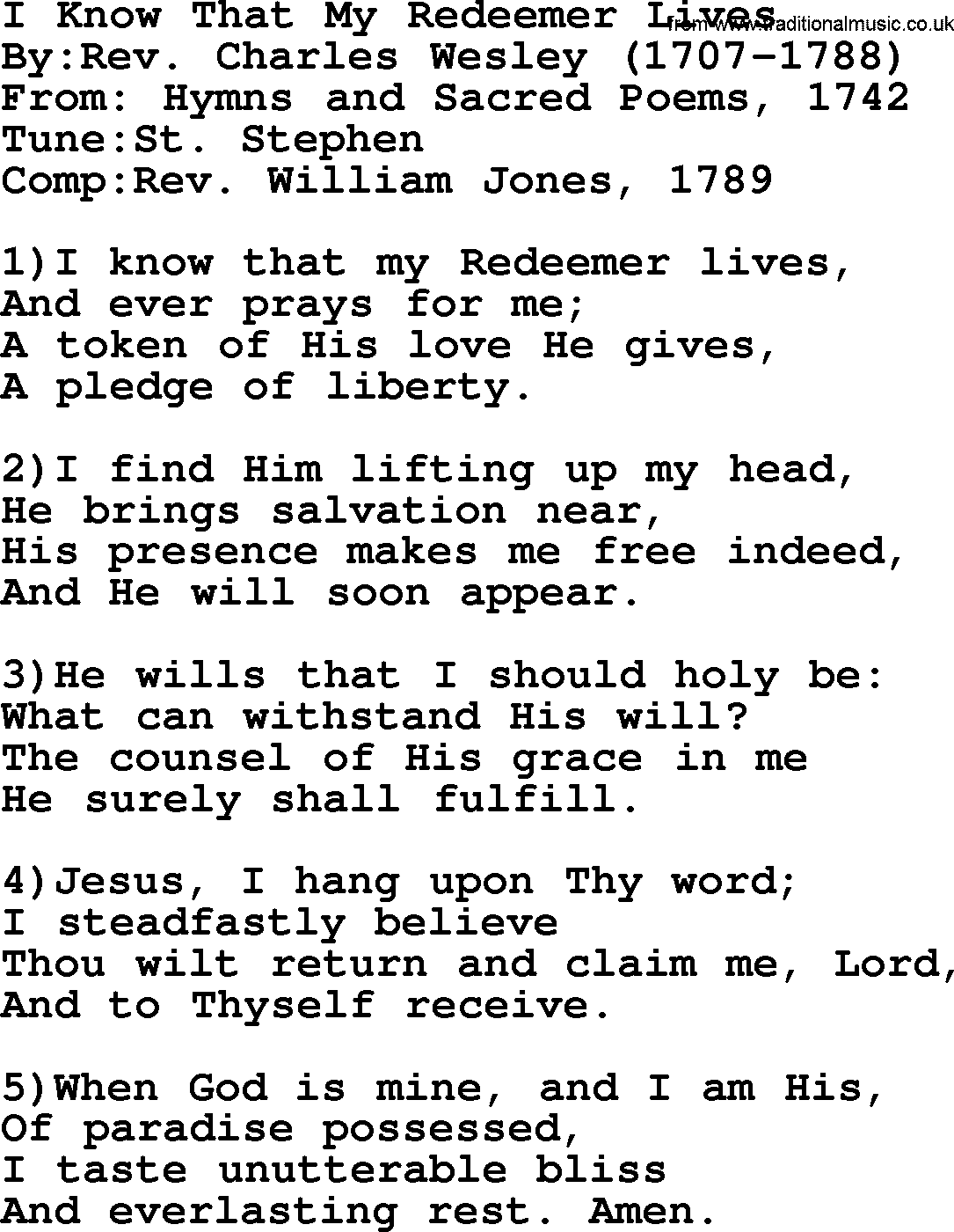 Methodist Hymn: I Know That My Redeemer Lives, lyrics