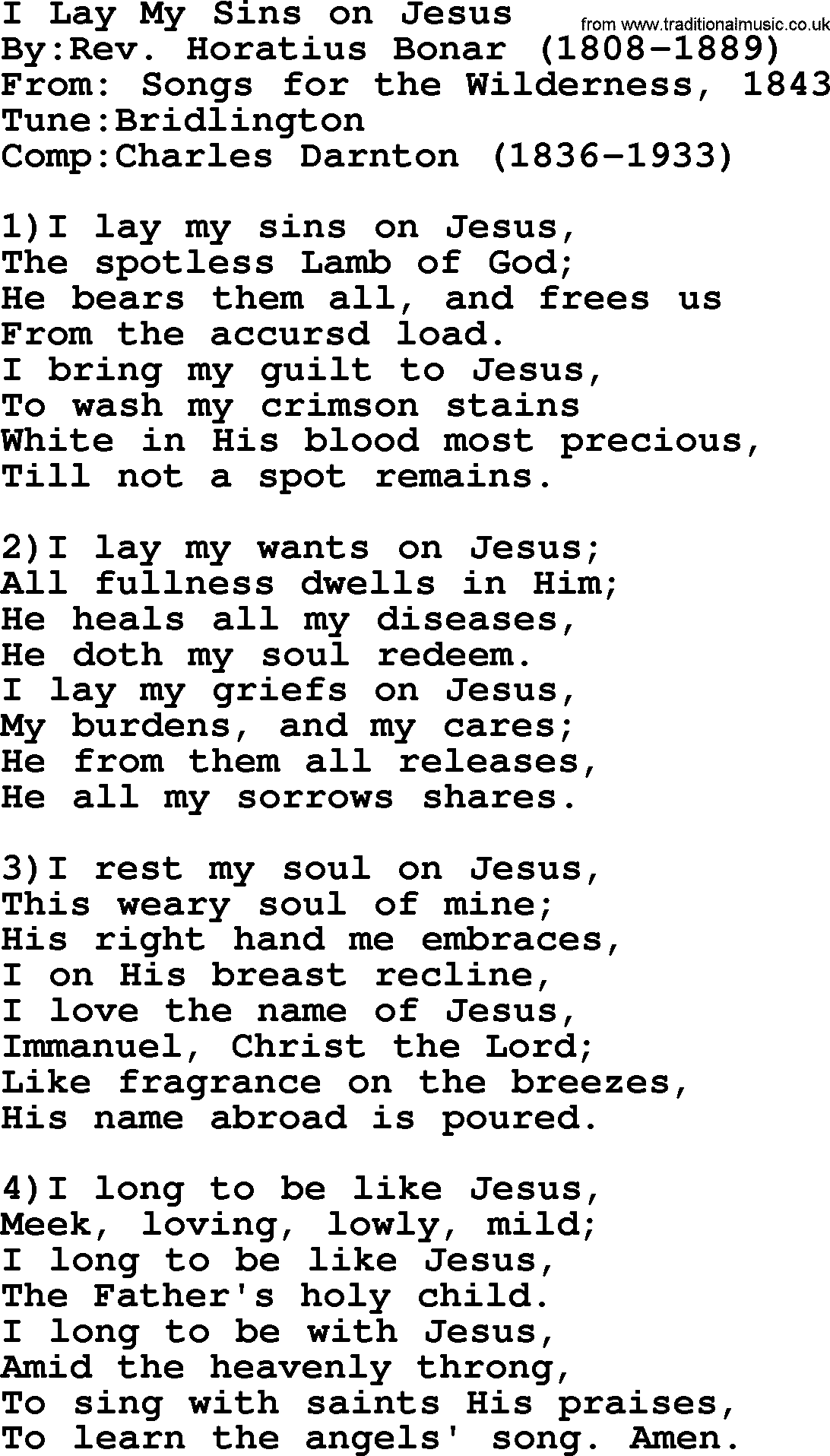 Methodist Hymn: I Lay My Sins On Jesus, lyrics