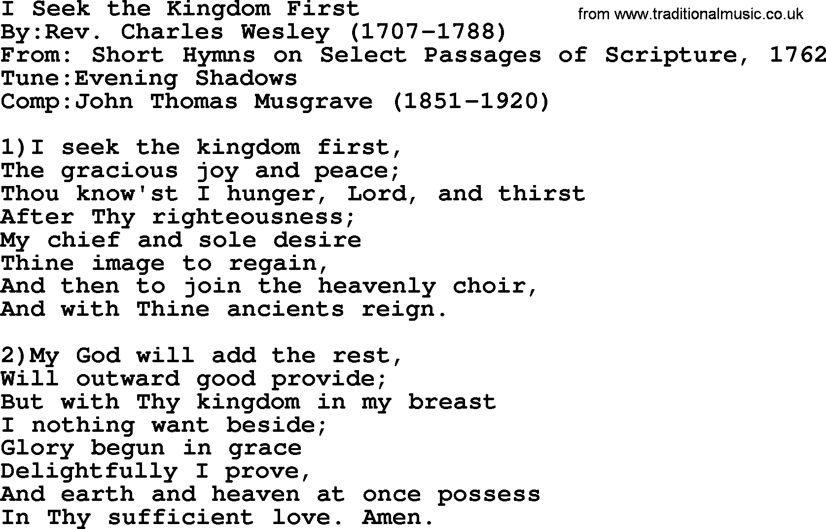 Methodist Hymn: I Seek The Kingdom First, lyrics