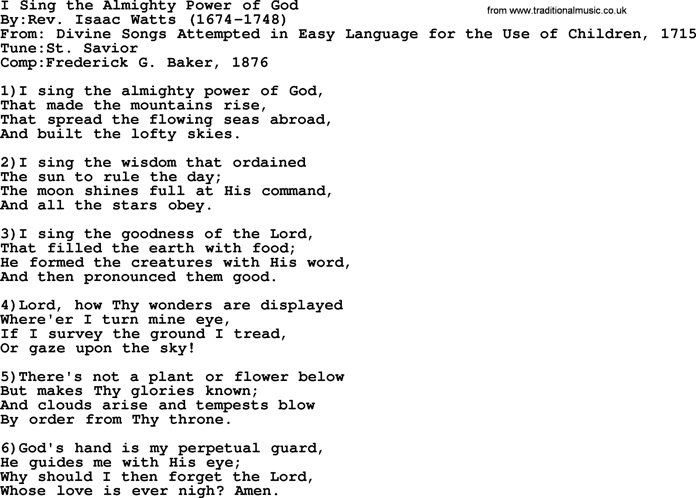 Methodist Hymn: I Sing The Almighty Power Of God, lyrics