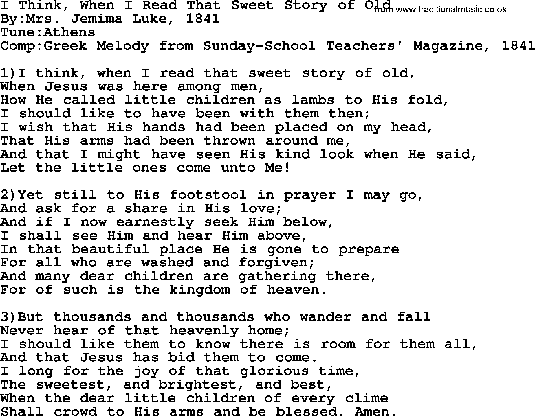 Methodist Hymn: I Think, When I Read That Sweet Story Of Old, lyrics