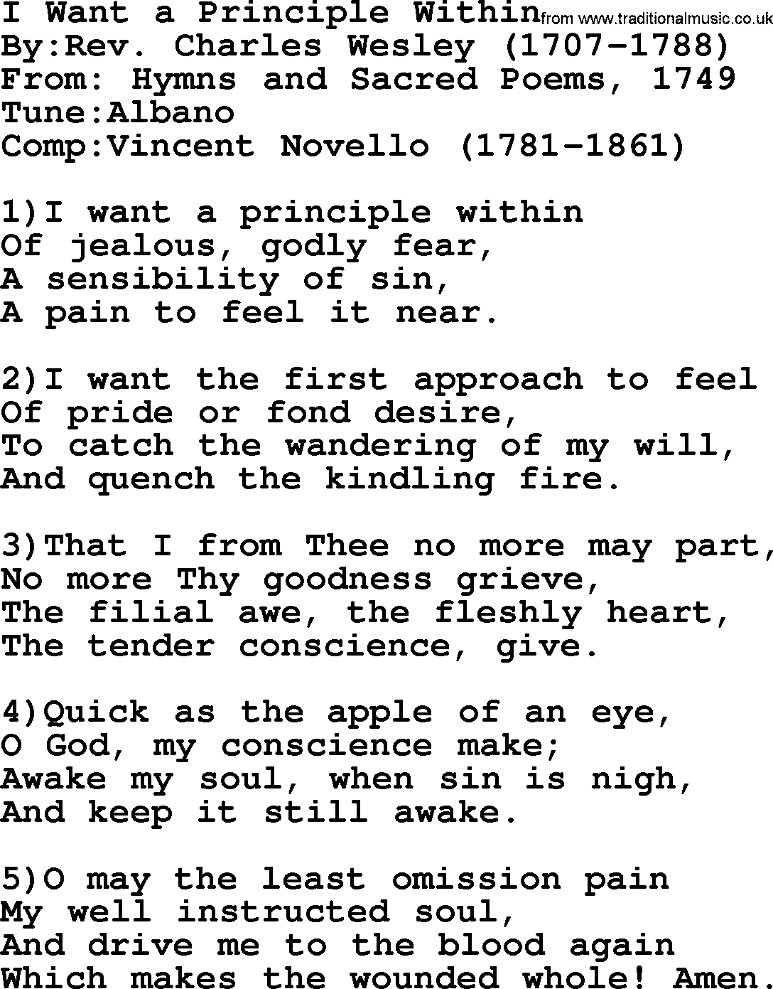 Methodist Hymn: I Want A Principle Within, lyrics