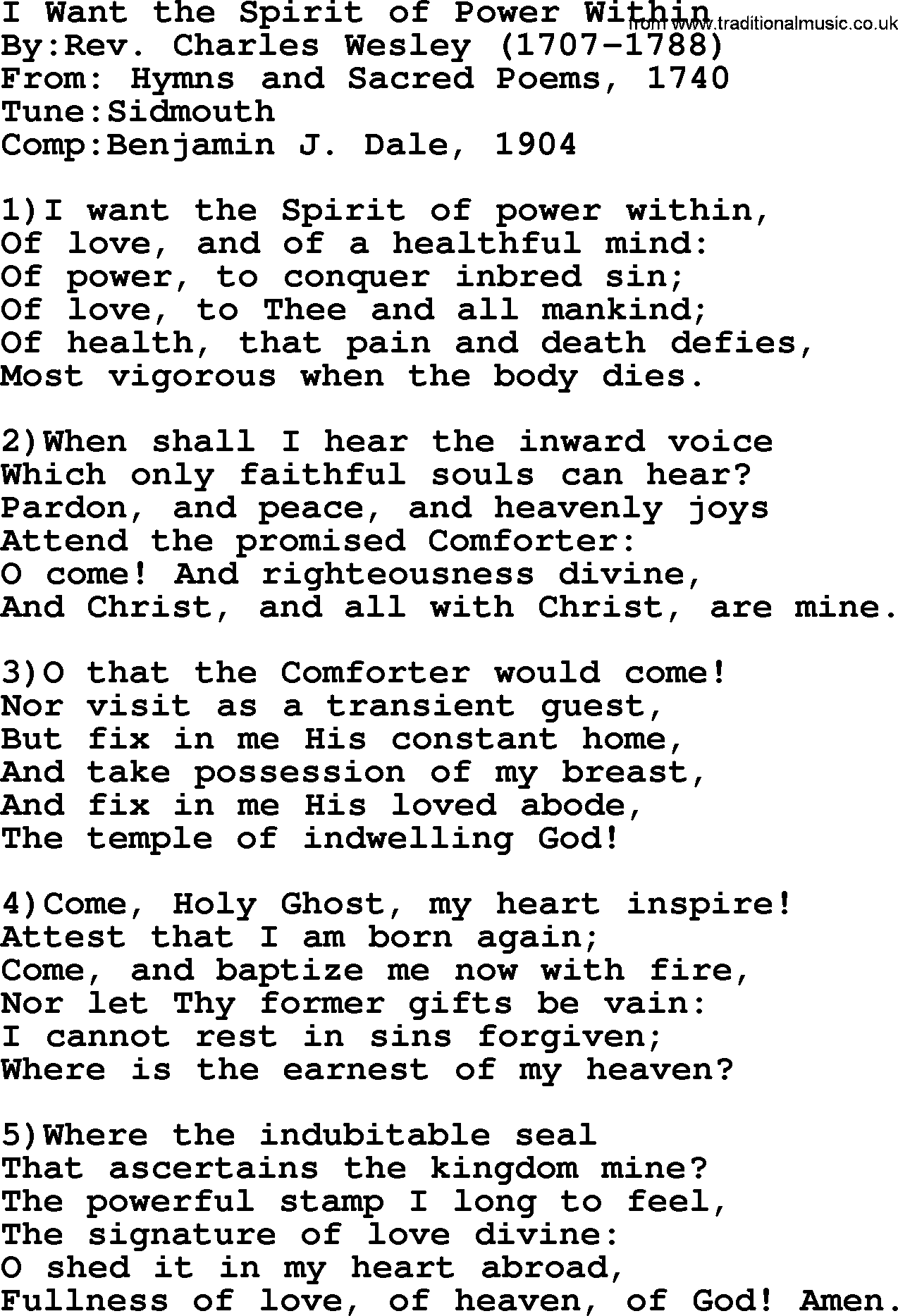 Methodist Hymn: I Want The Spirit Of Power Within, lyrics