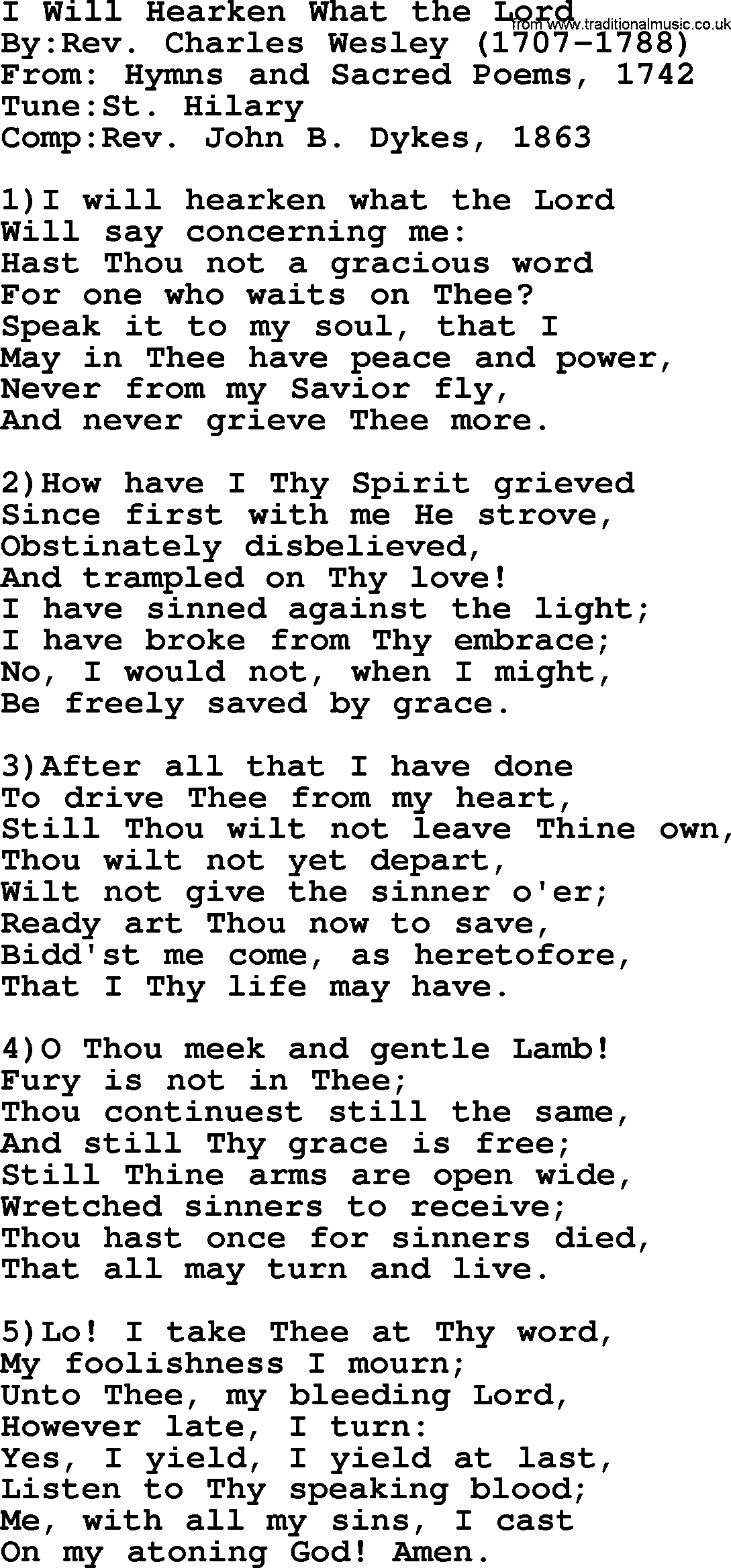 Methodist Hymn: I Will Hearken What The Lord, lyrics