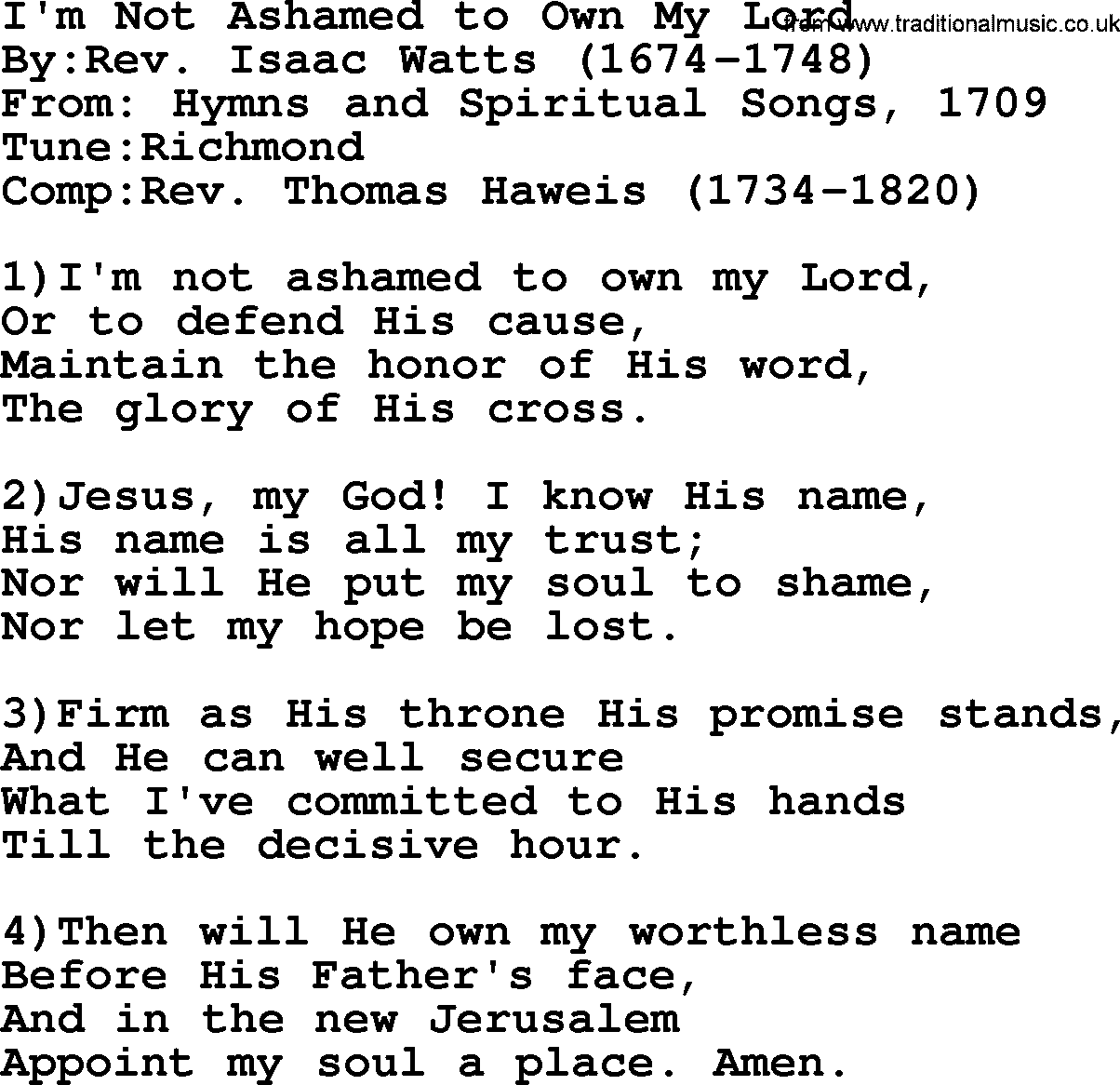 Methodist Hymn: I'm Not Ashamed To Own My Lord, lyrics