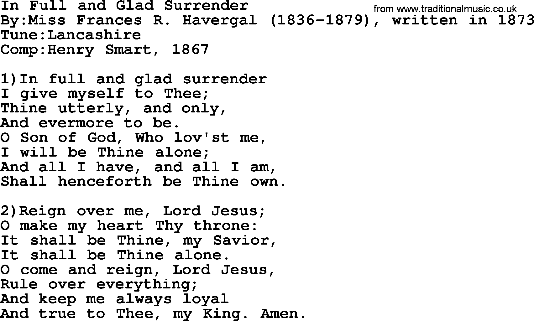 Methodist Hymn: In Full And Glad Surrender, lyrics