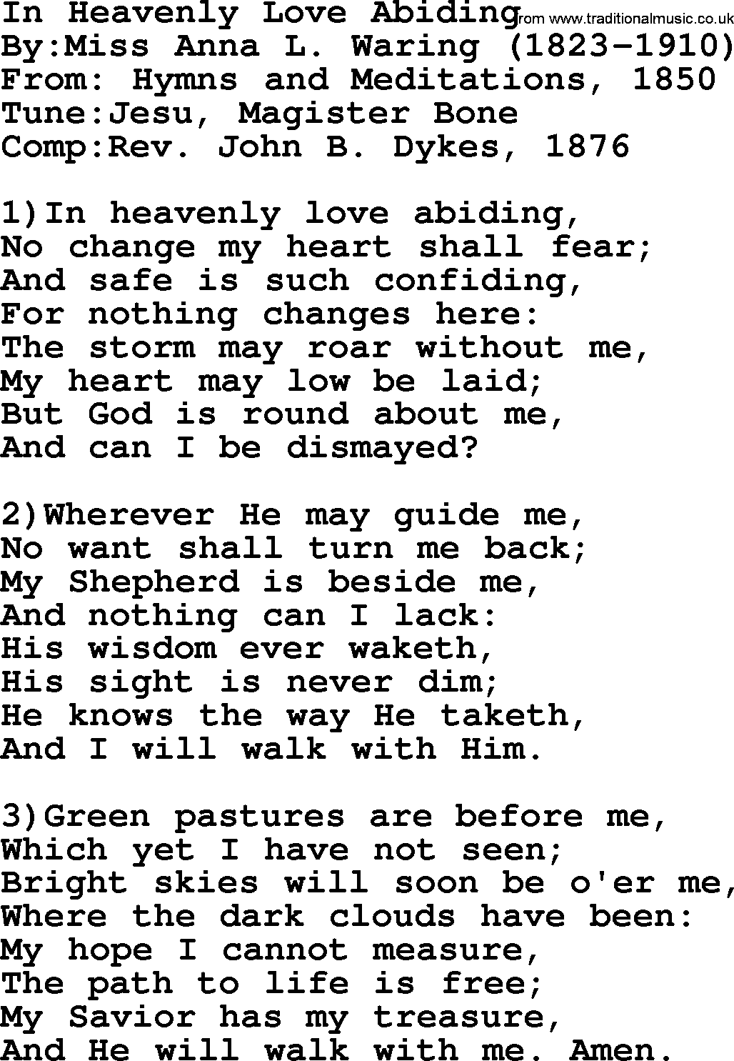 Methodist Hymn: In Heavenly Love Abiding, lyrics