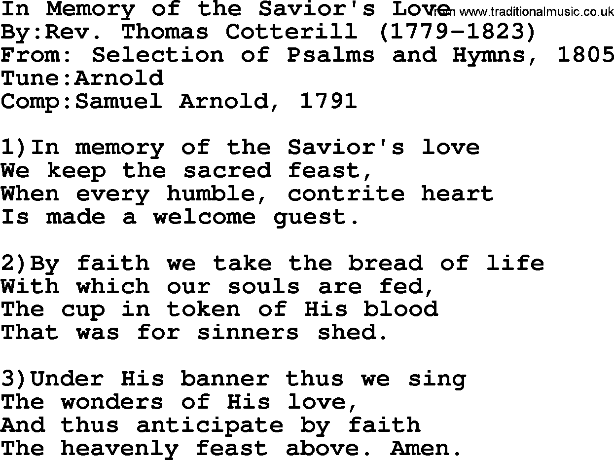 Methodist Hymn: In Memory Of The Savior's Love, lyrics