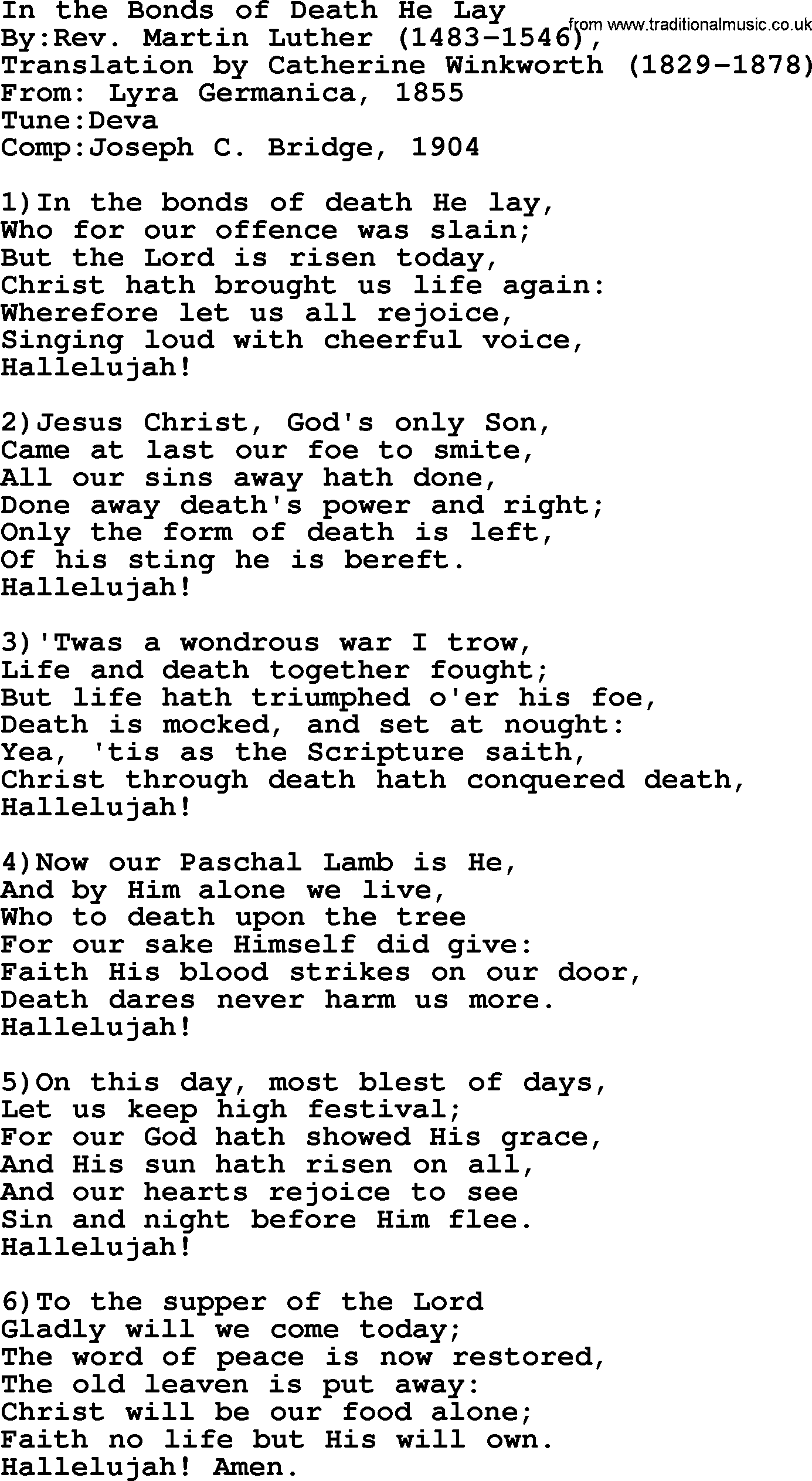 Methodist Hymn: In The Bonds Of Death He Lay, lyrics