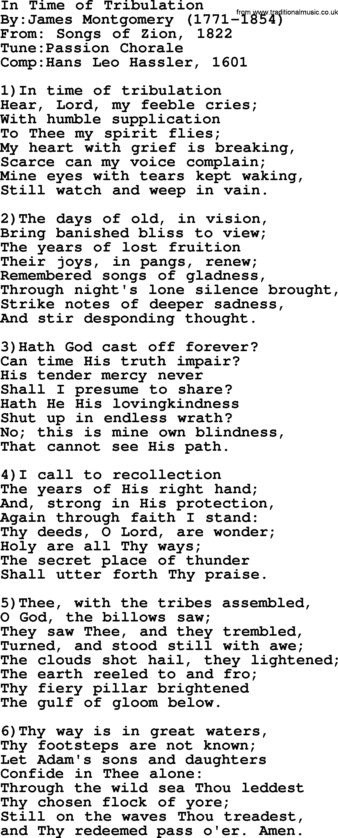Methodist Hymn: In Time Of Tribulation, lyrics