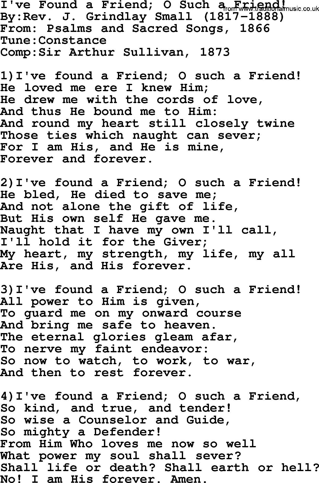 Methodist Hymn: I've Found A Friend; O Such A Friend!, lyrics