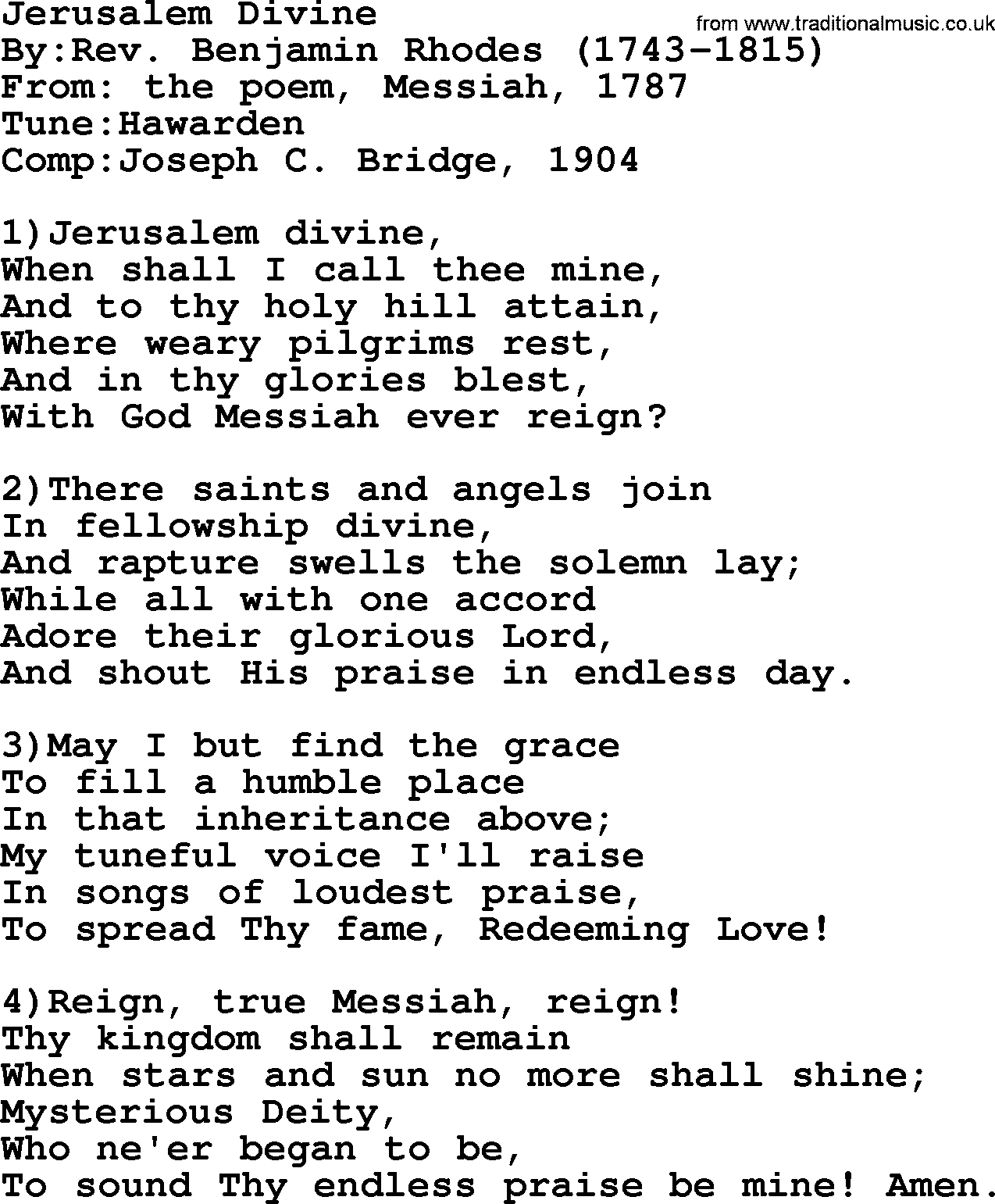 Methodist Hymn: Jerusalem Divine, lyrics