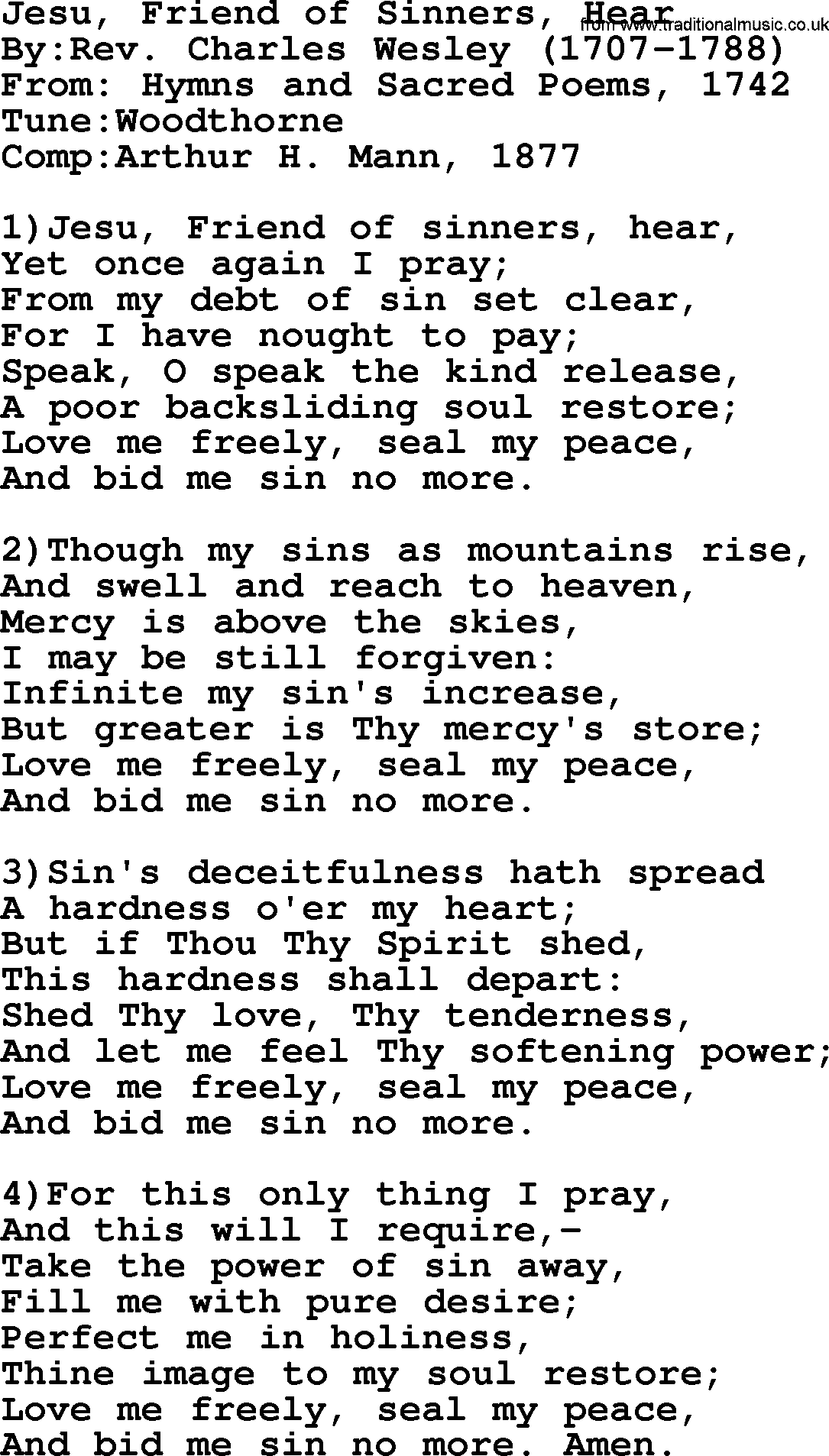 Methodist Hymn: Jesu, Friend Of Sinners, Hear, lyrics