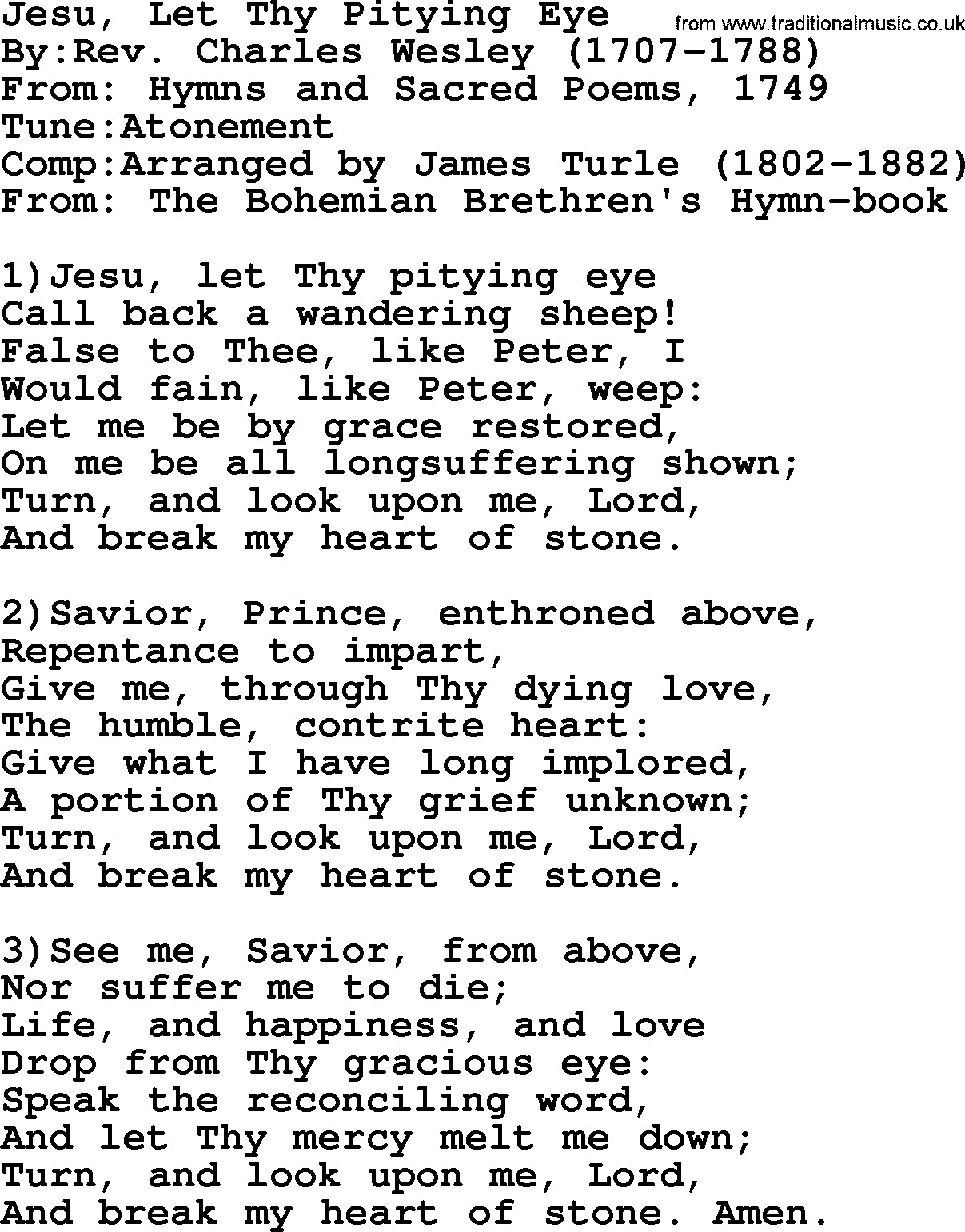 Methodist Hymn: Jesu, Let Thy Pitying Eye, lyrics