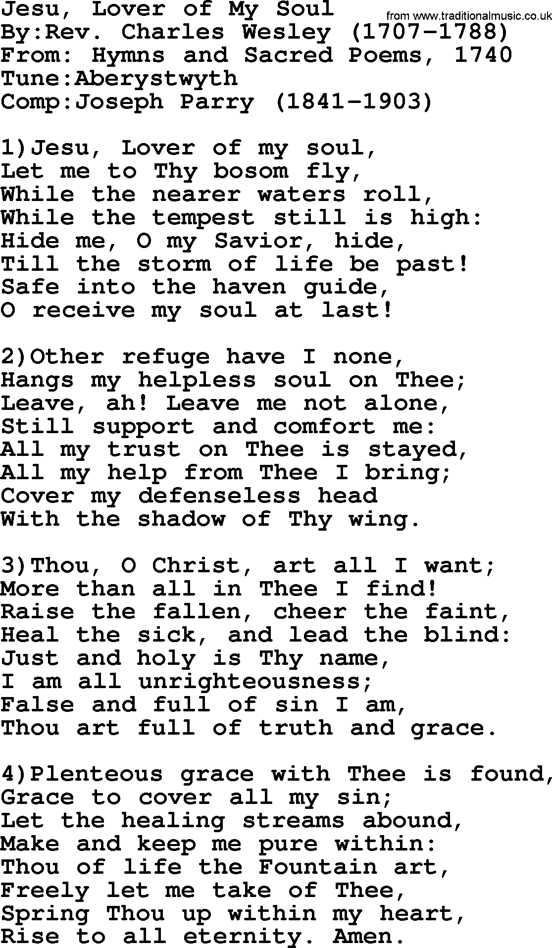 Methodist Hymn: Jesu, Lover Of My Soul, lyrics