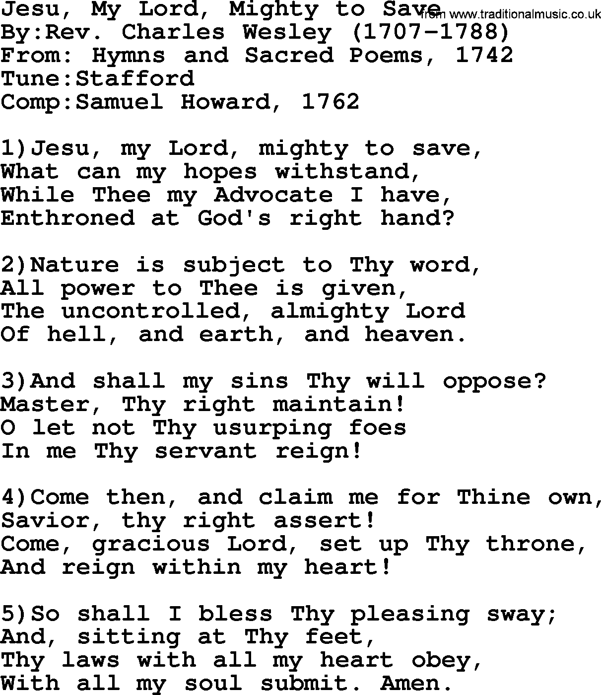 Methodist Hymn: Jesu, My Lord, Mighty To Save, lyrics