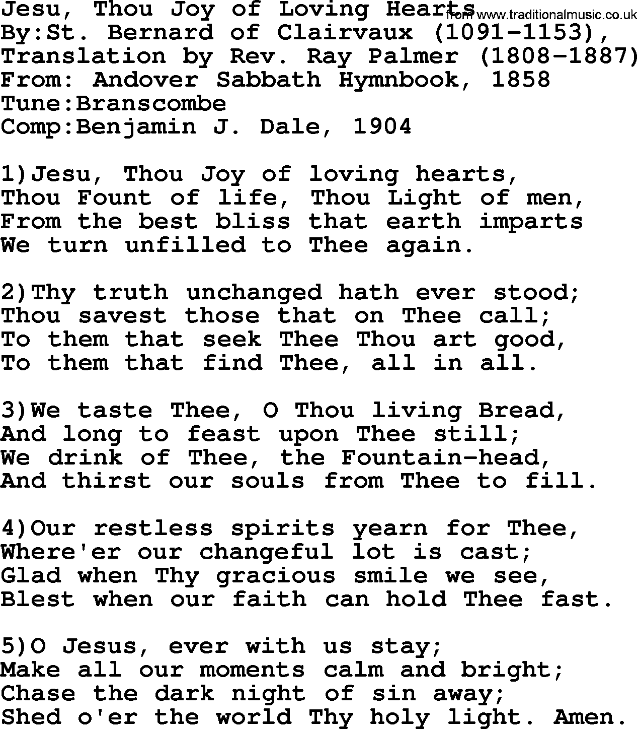 Methodist Hymn: Jesu, Thou Joy Of Loving Hearts, lyrics