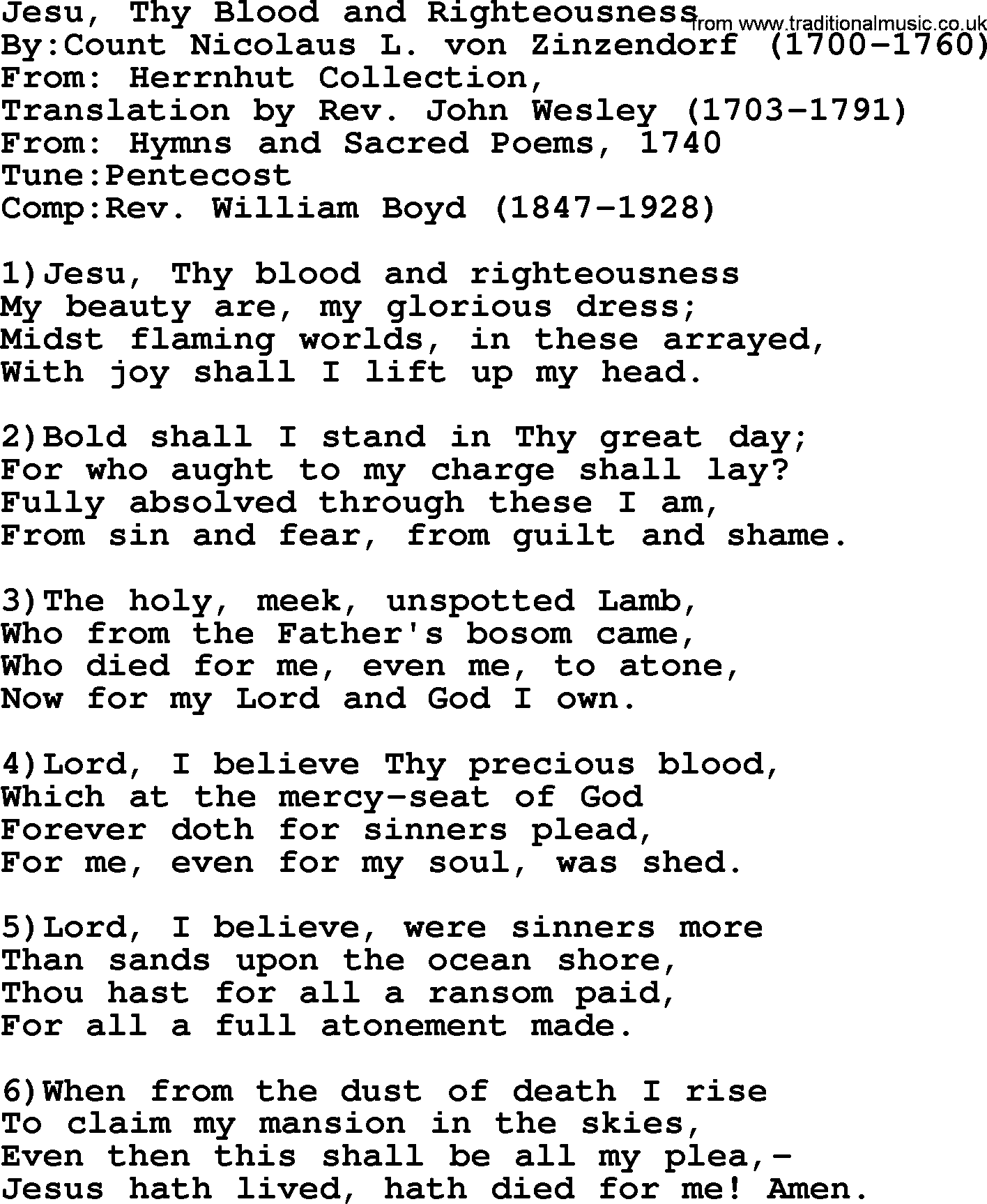 Methodist Hymn: Jesu, Thy Blood And Righteousness, lyrics