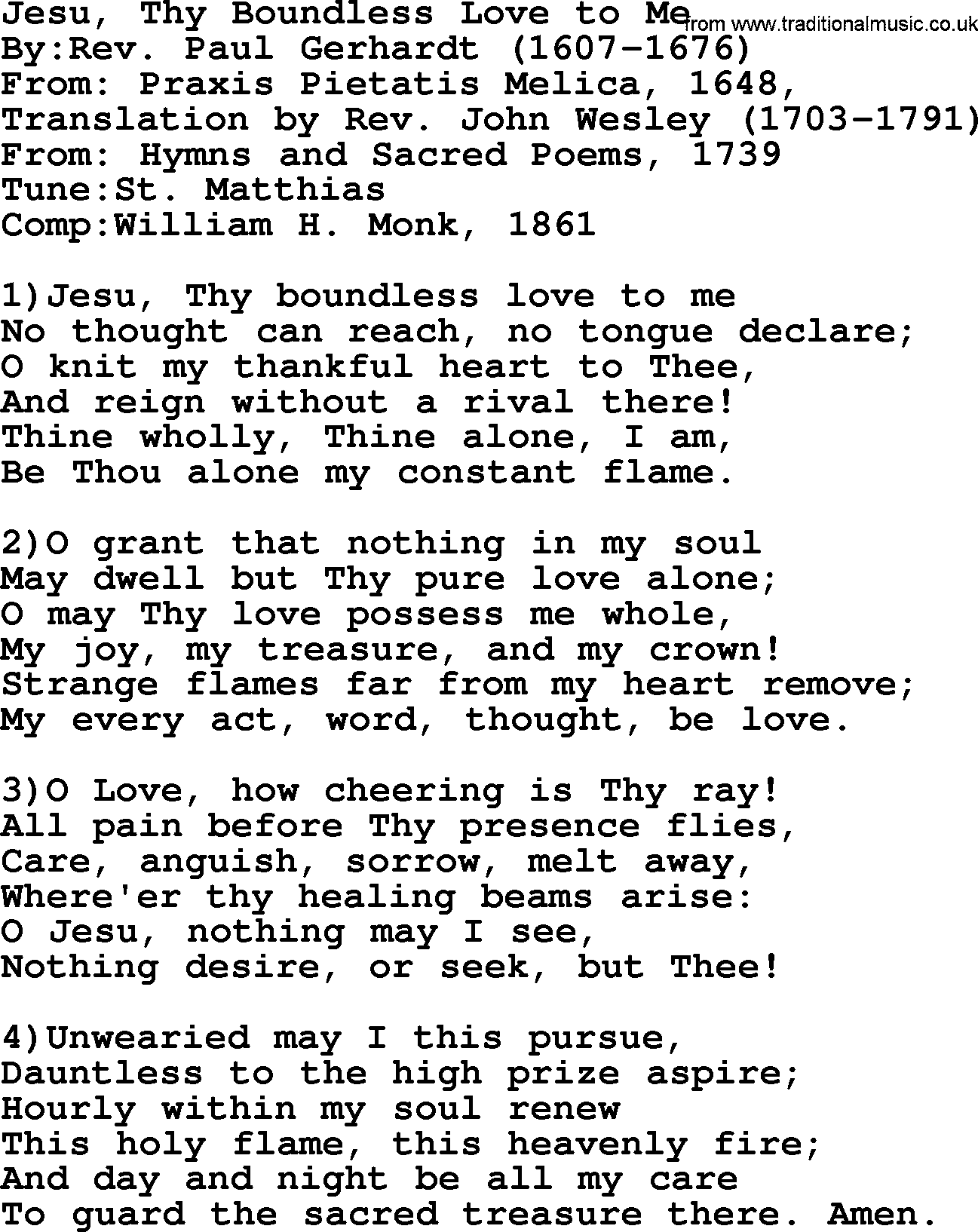 Methodist Hymn: Jesu, Thy Boundless Love To Me, lyrics