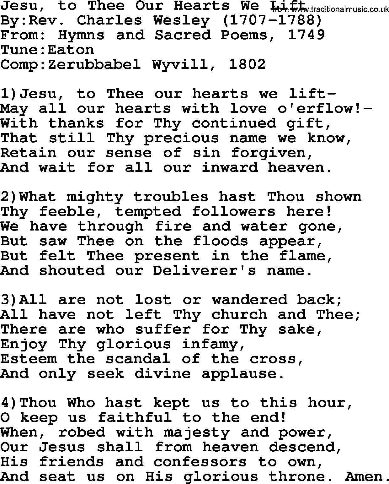 Methodist Hymn: Jesu, To Thee Our Hearts We Lift, lyrics