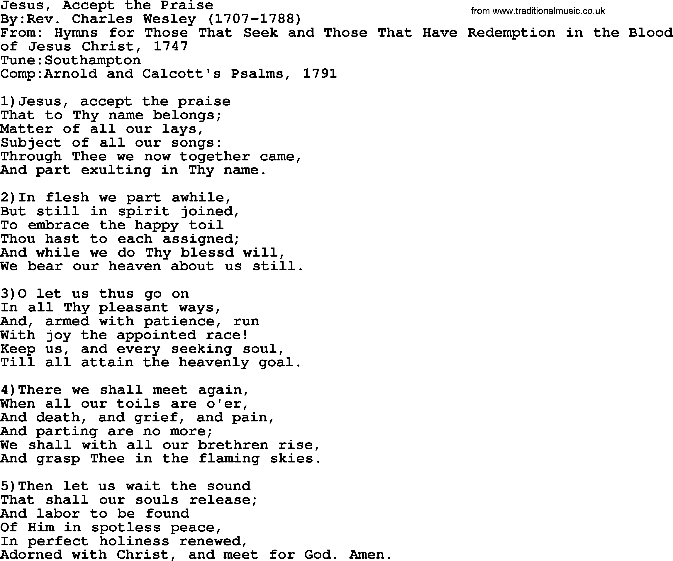 Methodist Hymn: Jesus, Accept The Praise, lyrics