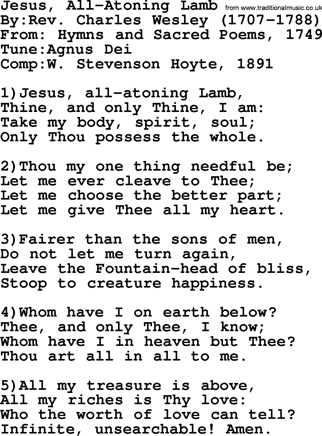 Methodist Hymn: Jesus, All-atoning Lamb, lyrics