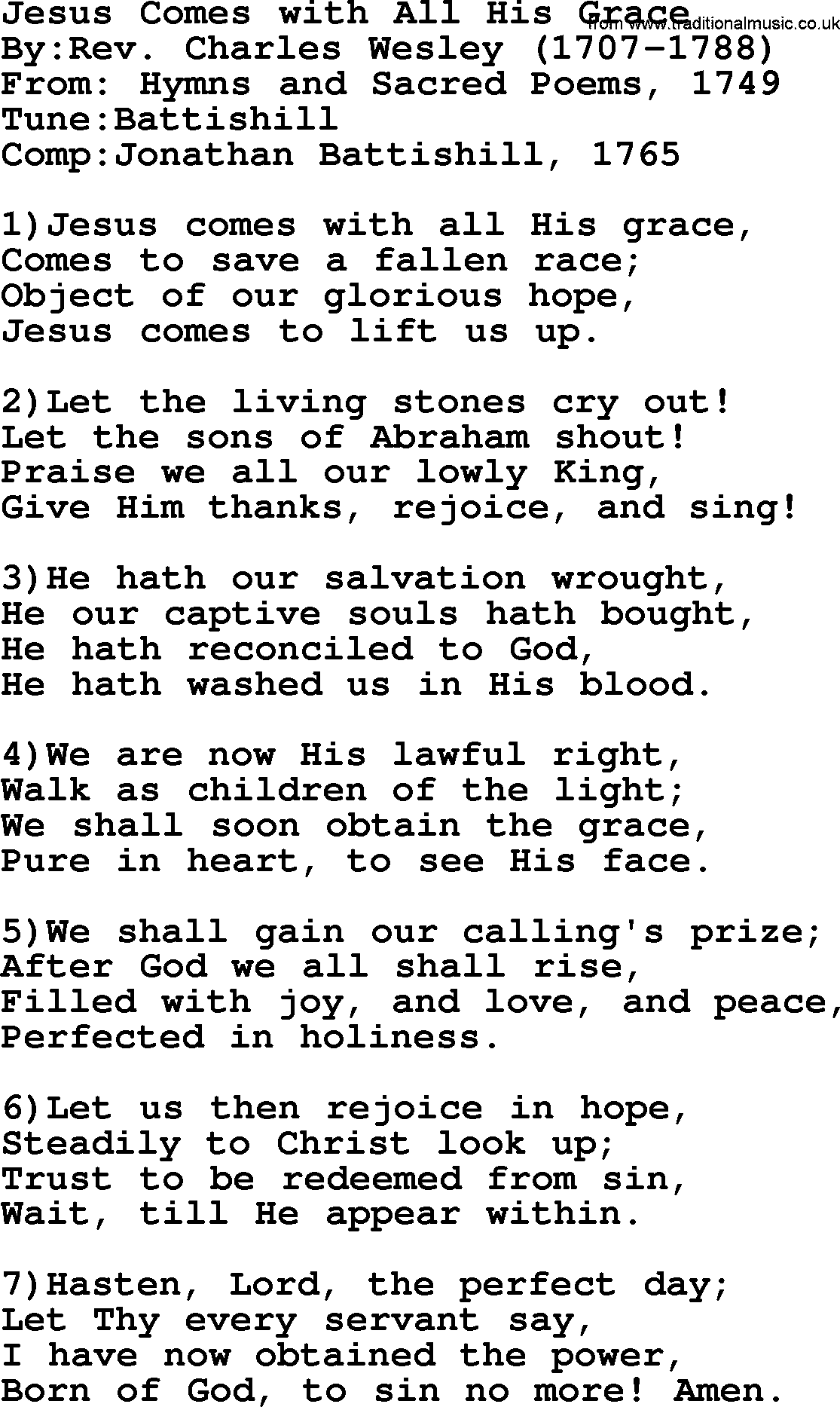 Methodist Hymn: Jesus Comes With All His Grace, lyrics