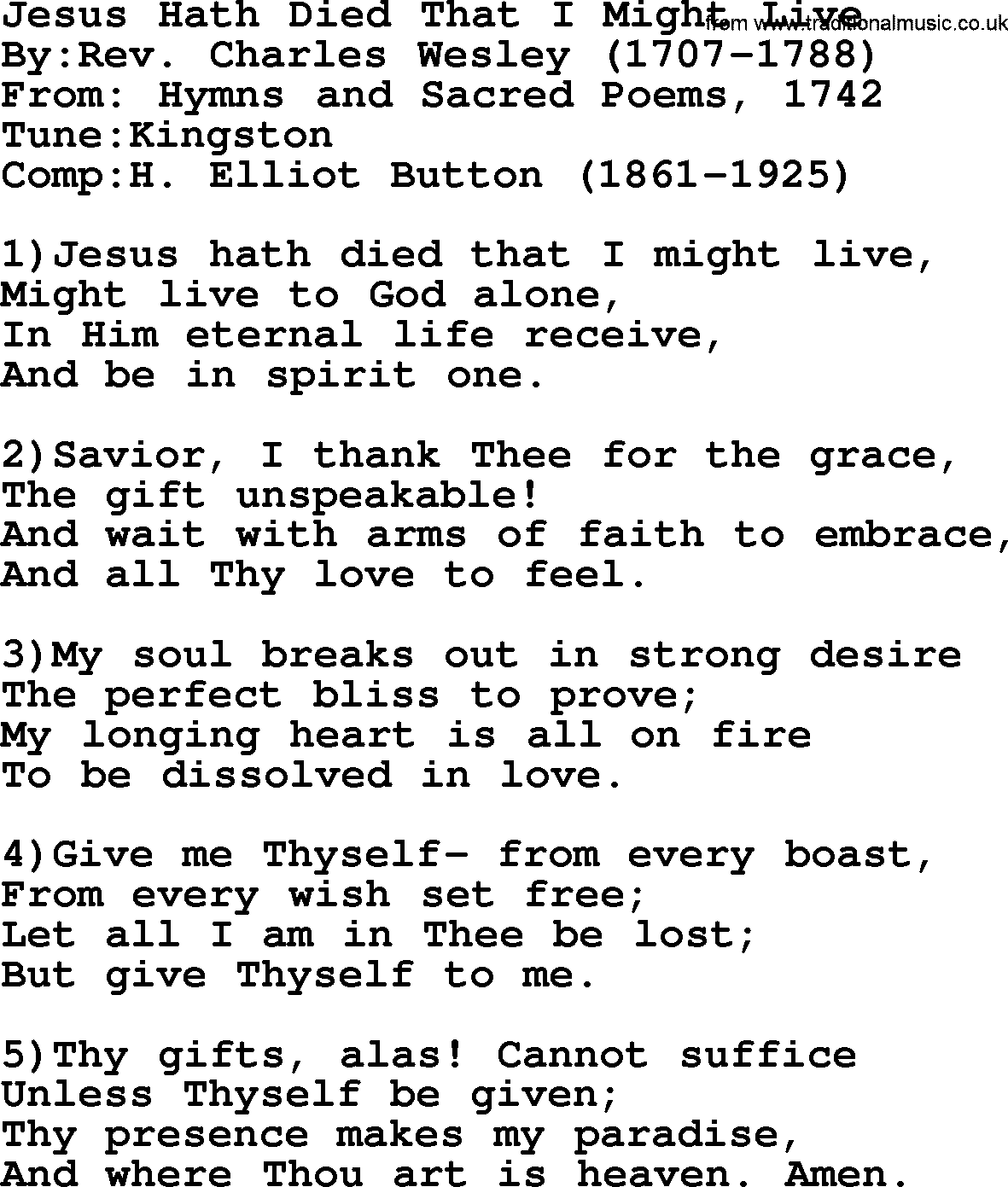 Methodist Hymn: Jesus Hath Died That I Might Live, lyrics